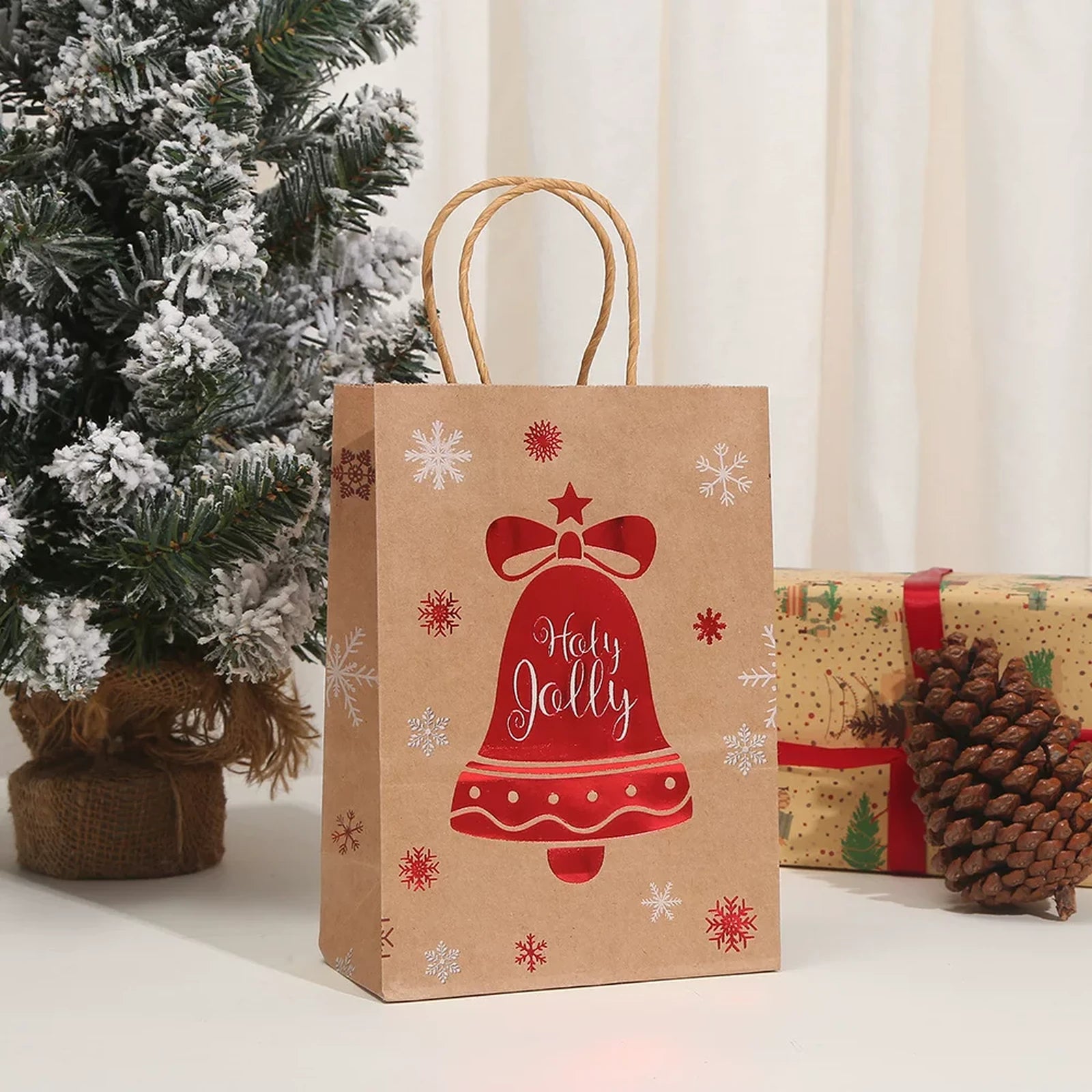 Foil-Stamped Kraft Christmas Gift Bags with Rope Handles – product view