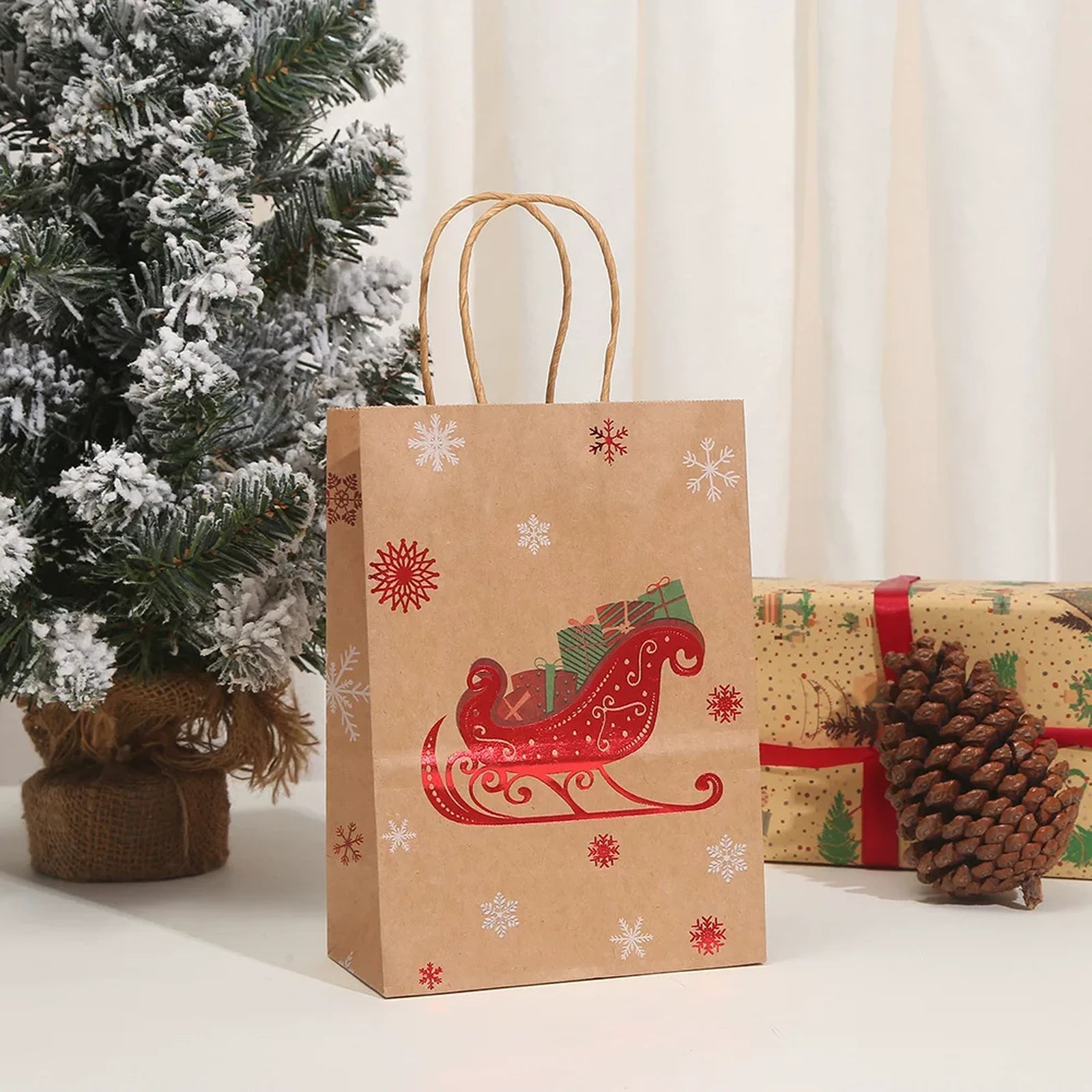 Foil-Stamped Kraft Christmas Gift Bags with Rope Handles – ready-stock variant
