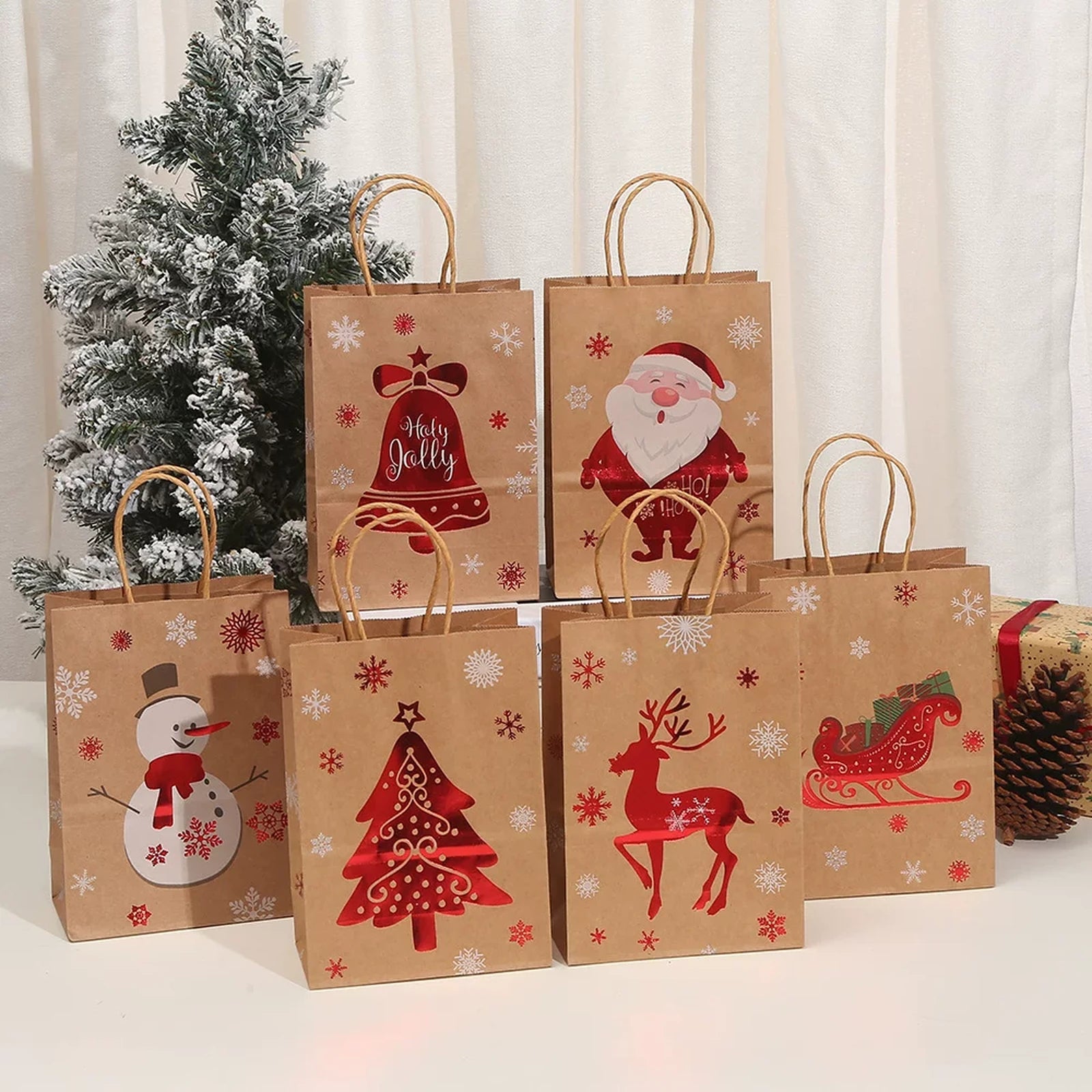 Foil-Stamped Kraft Christmas Gift Bags with Rope Handles – ready-stock variant