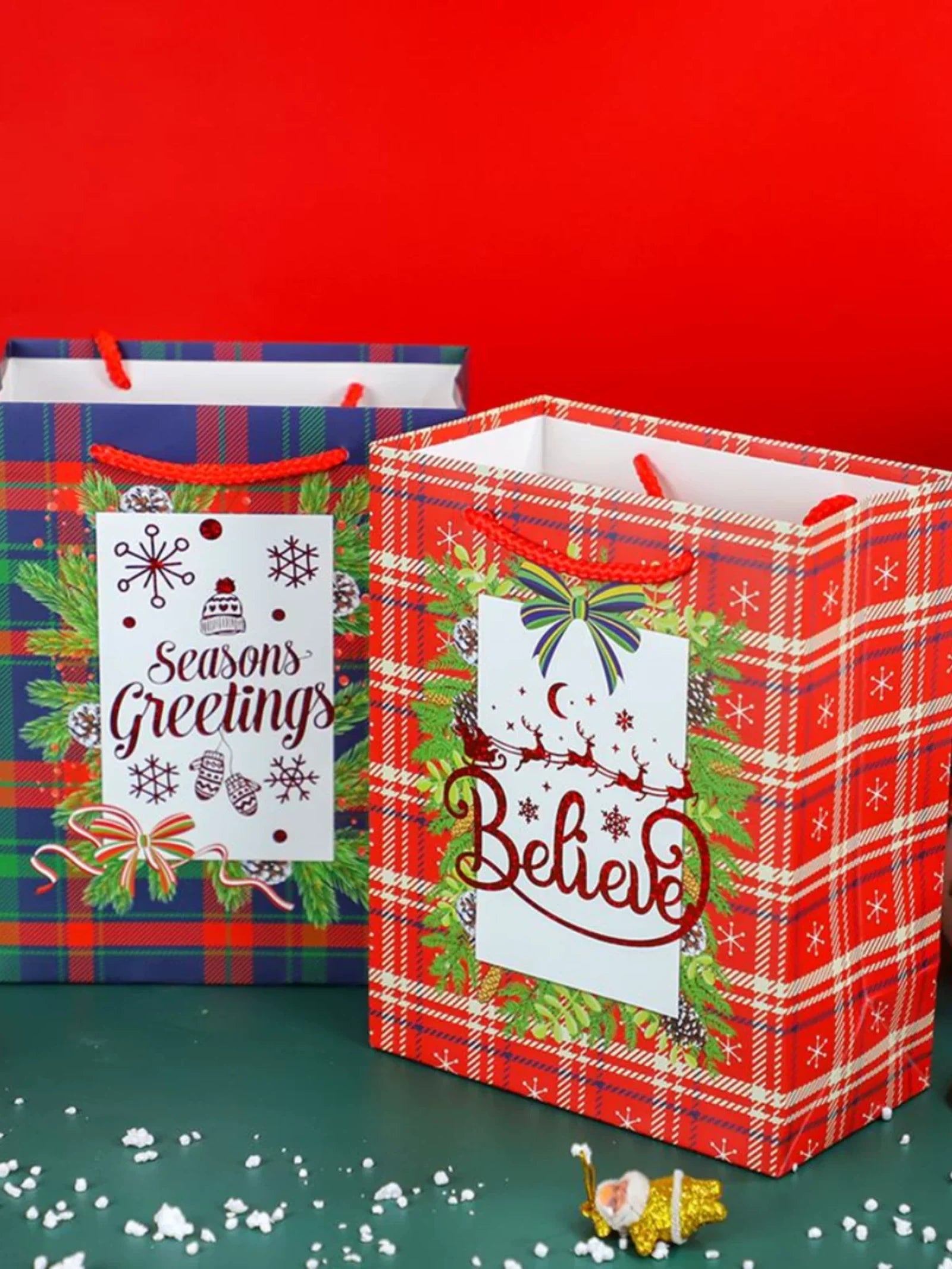 Foil-Stamped Rope-Handle Christmas Paper Gift Bags – product view
