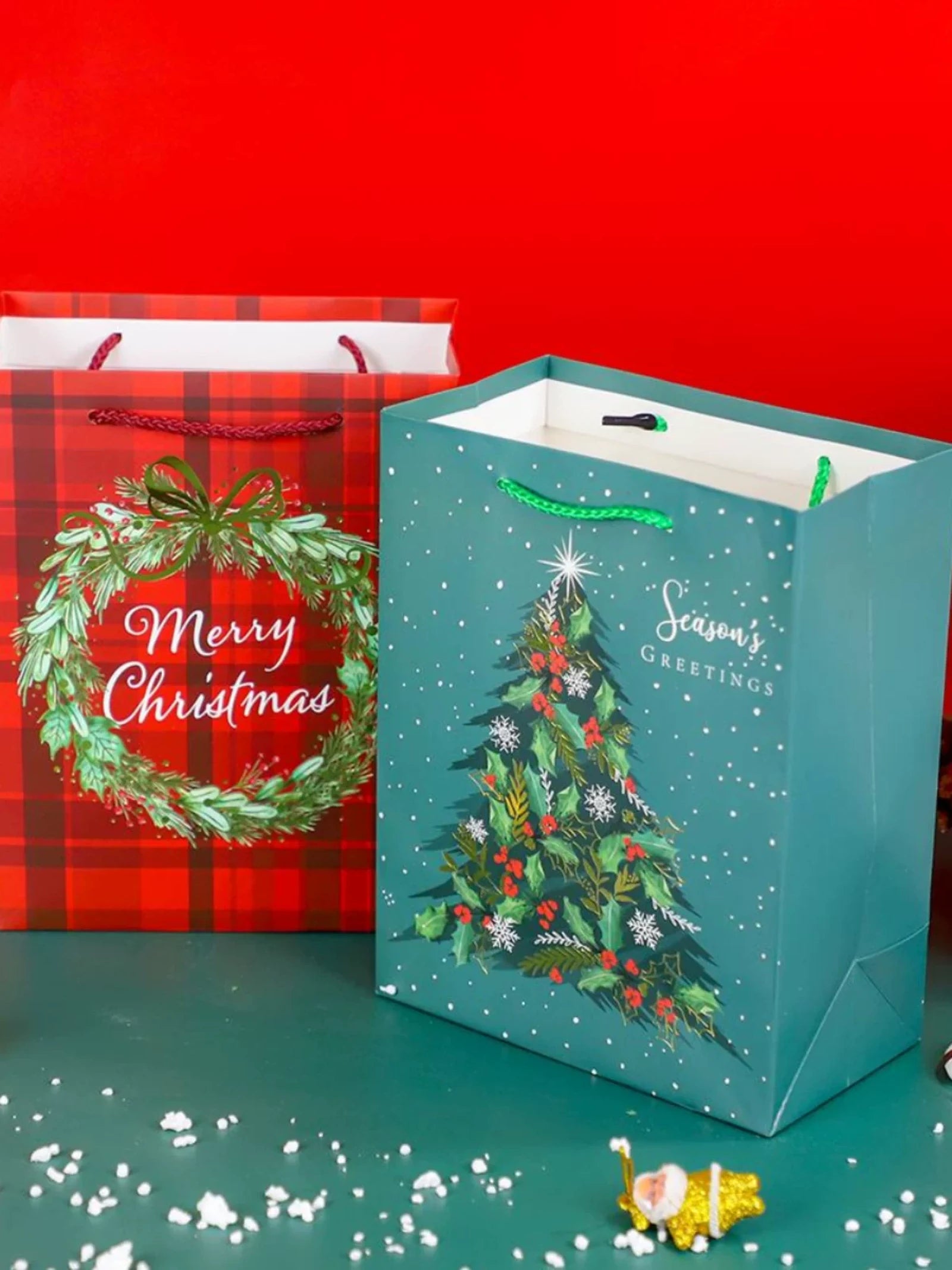 Foil-Stamped Rope-Handle Christmas Paper Gift Bags – product view