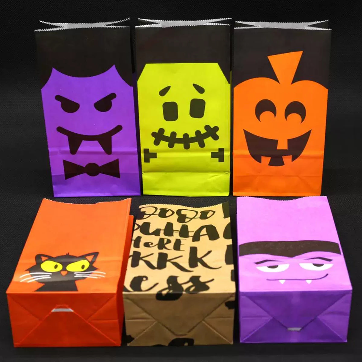 Fold-over kraft paper Halloween treat bag size and construction