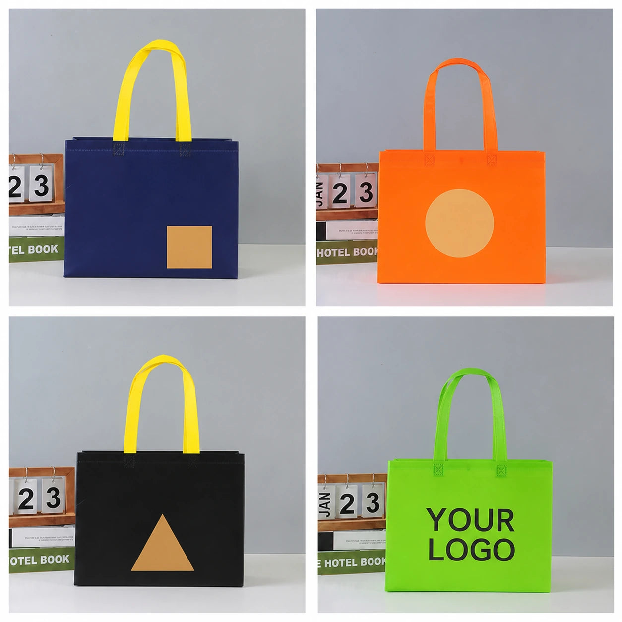 Generic custom printing examples on shoulder non-woven tote bags