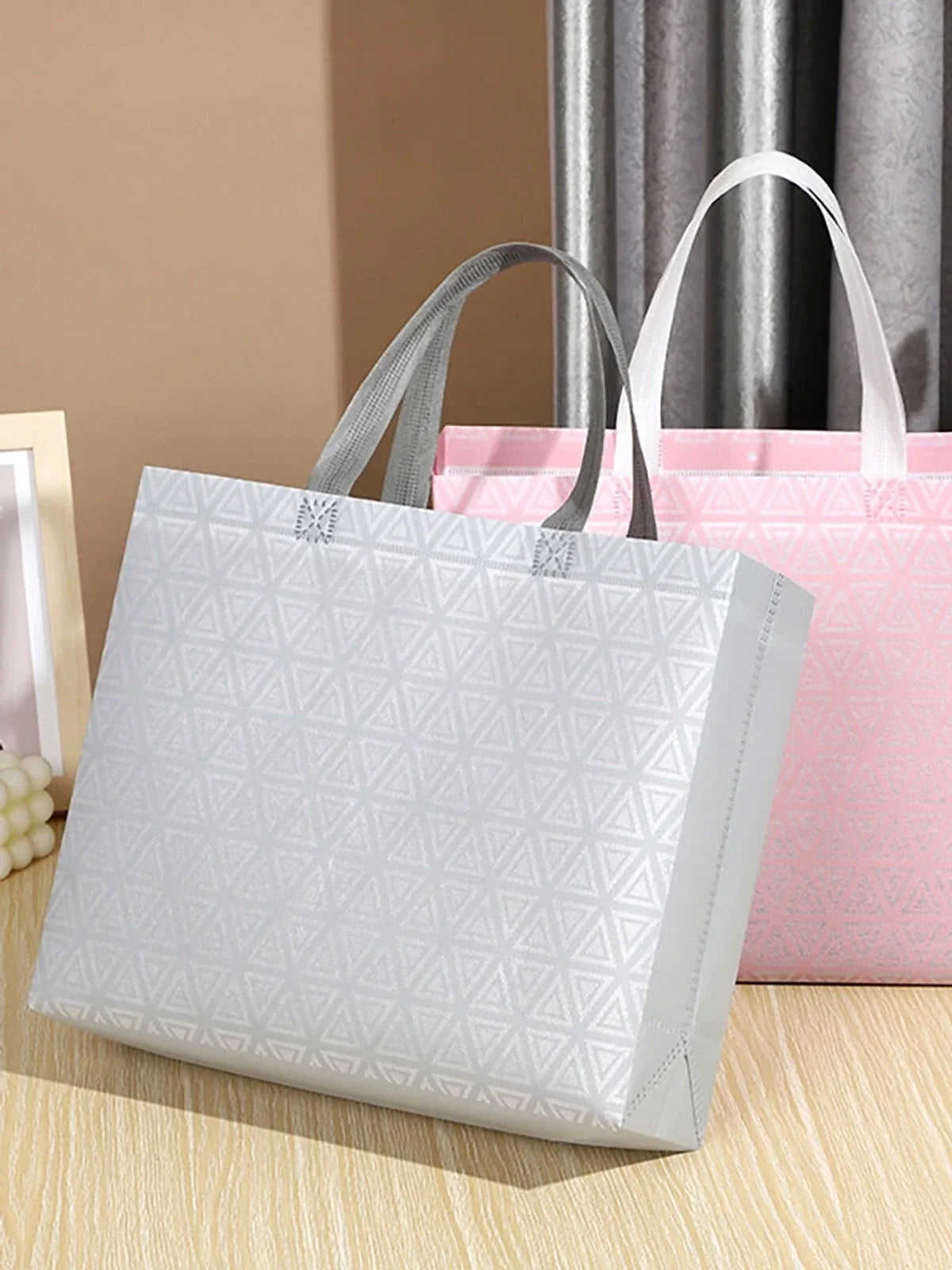 Geometric Laminated Non-Woven Tote Bags — Pink & Gray product view 1