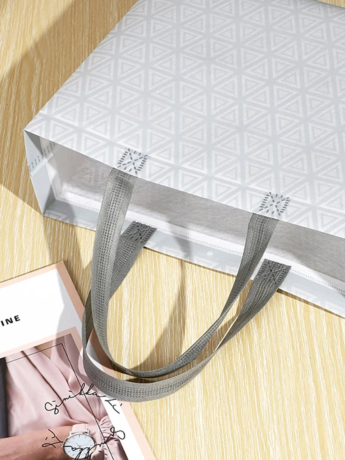 Geometric Laminated Non-Woven Tote Bags — Pink & Gray product view 3