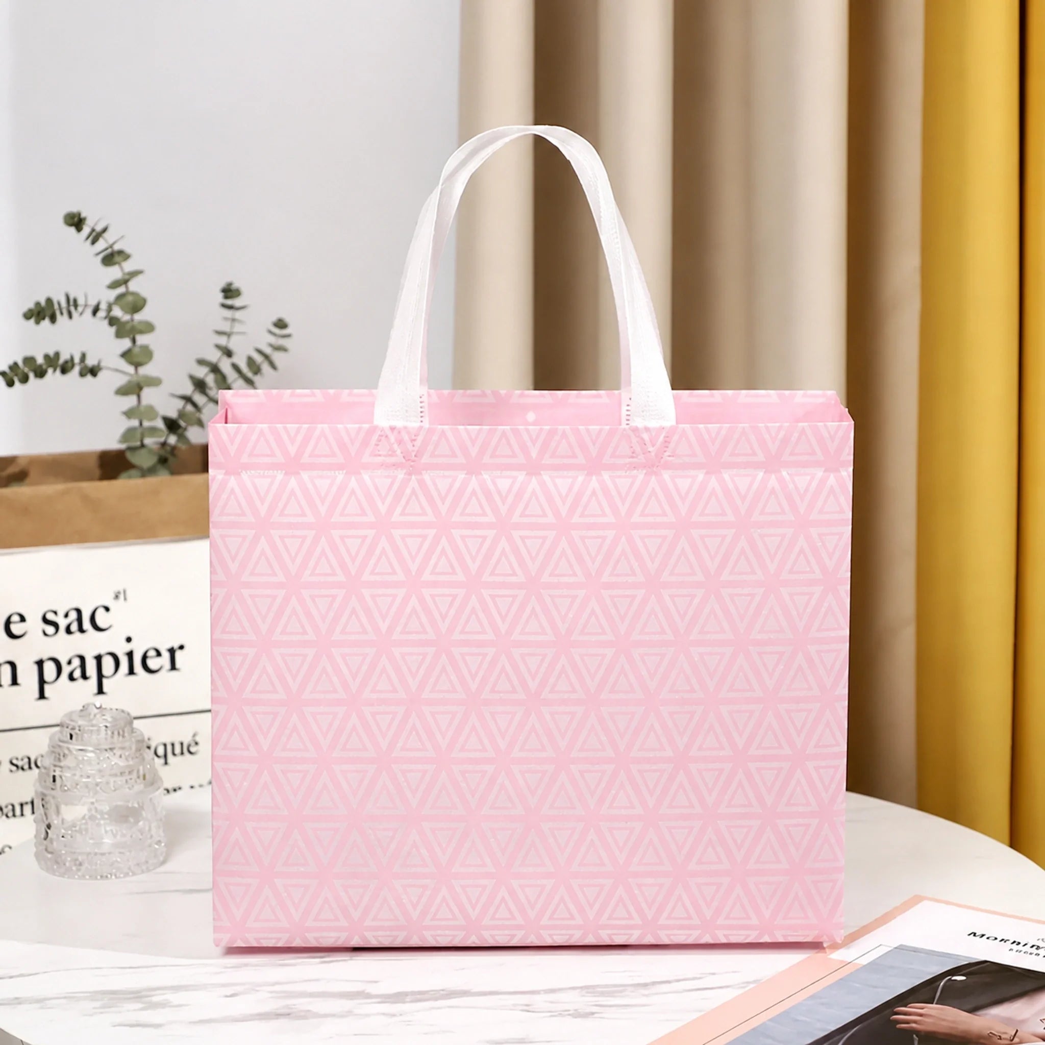 Pink Geometric Print geometric laminated non-woven tote bags — pink & gray