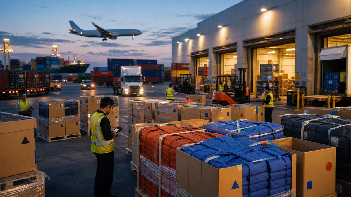 Palletized recycled tote shipments moving through a global air sea and truck logistics hub