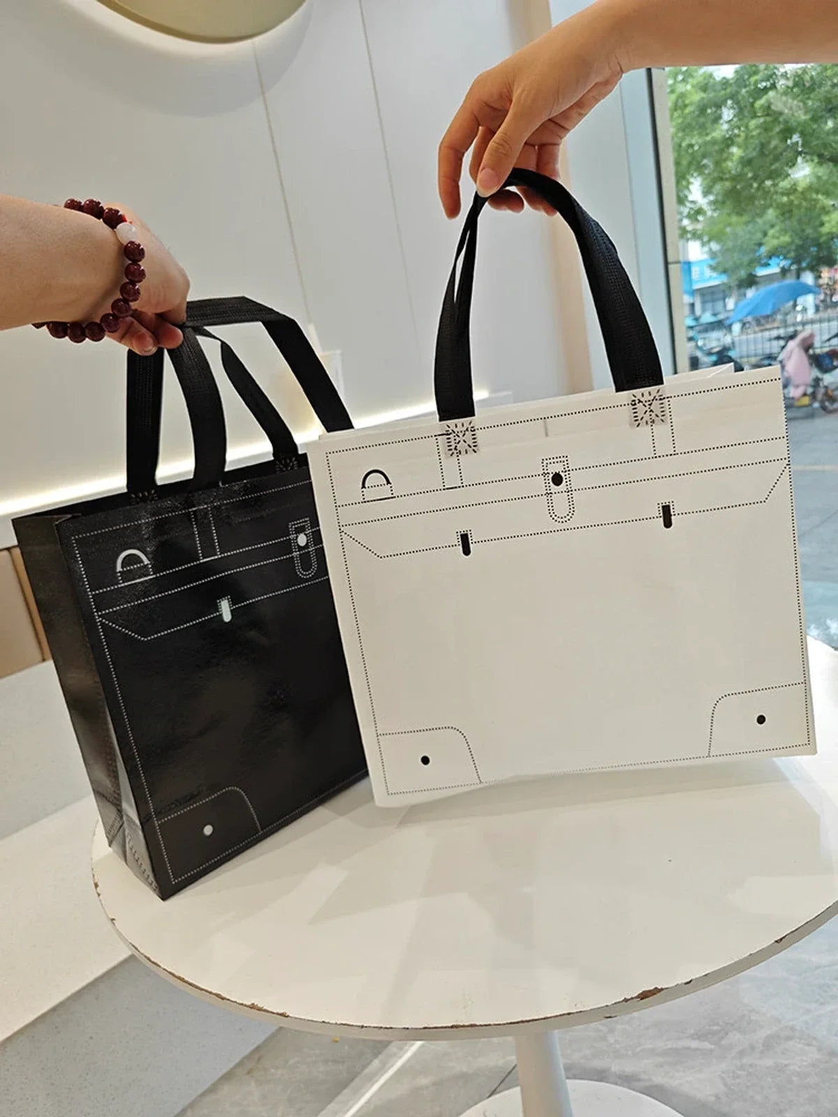 Glossy Laminated Non-Woven Tote Bags — Black & White product view 1