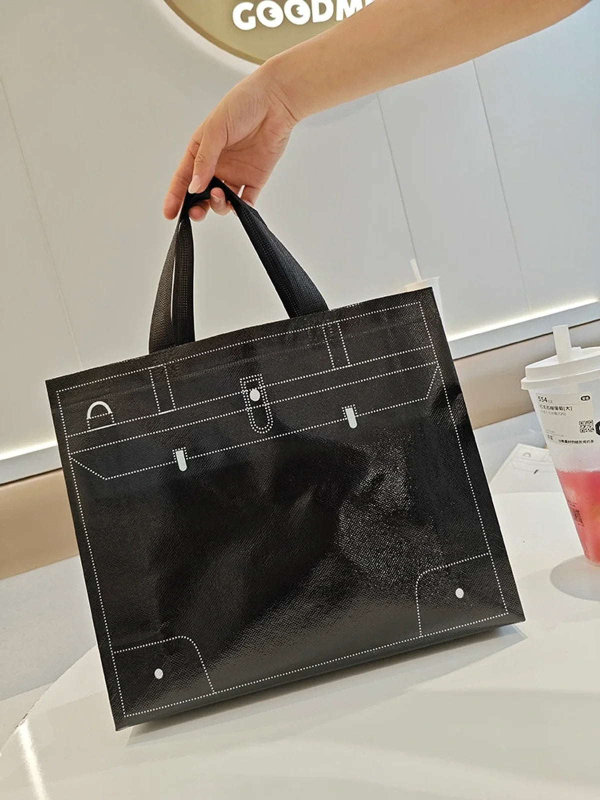 Glossy Laminated Non-Woven Tote Bags — Black & White product view 4