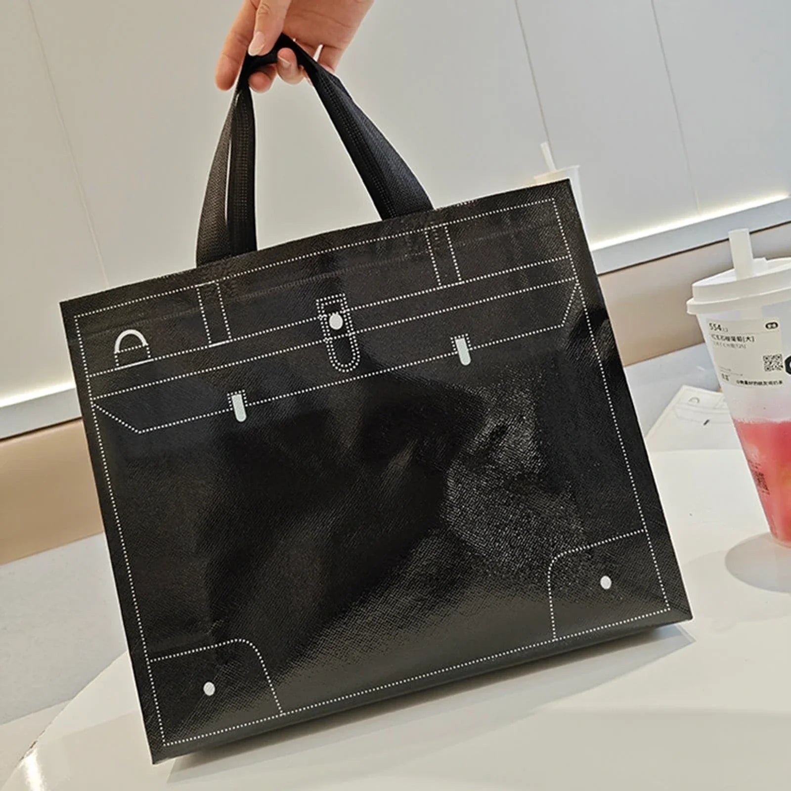 Glossy Black glossy laminated non-woven tote bags — black & white