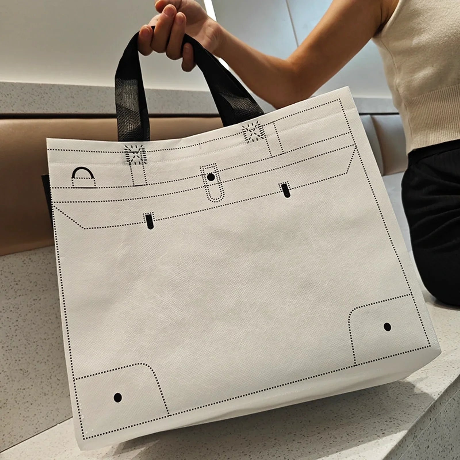 Glossy White glossy laminated non-woven tote bags — black & white