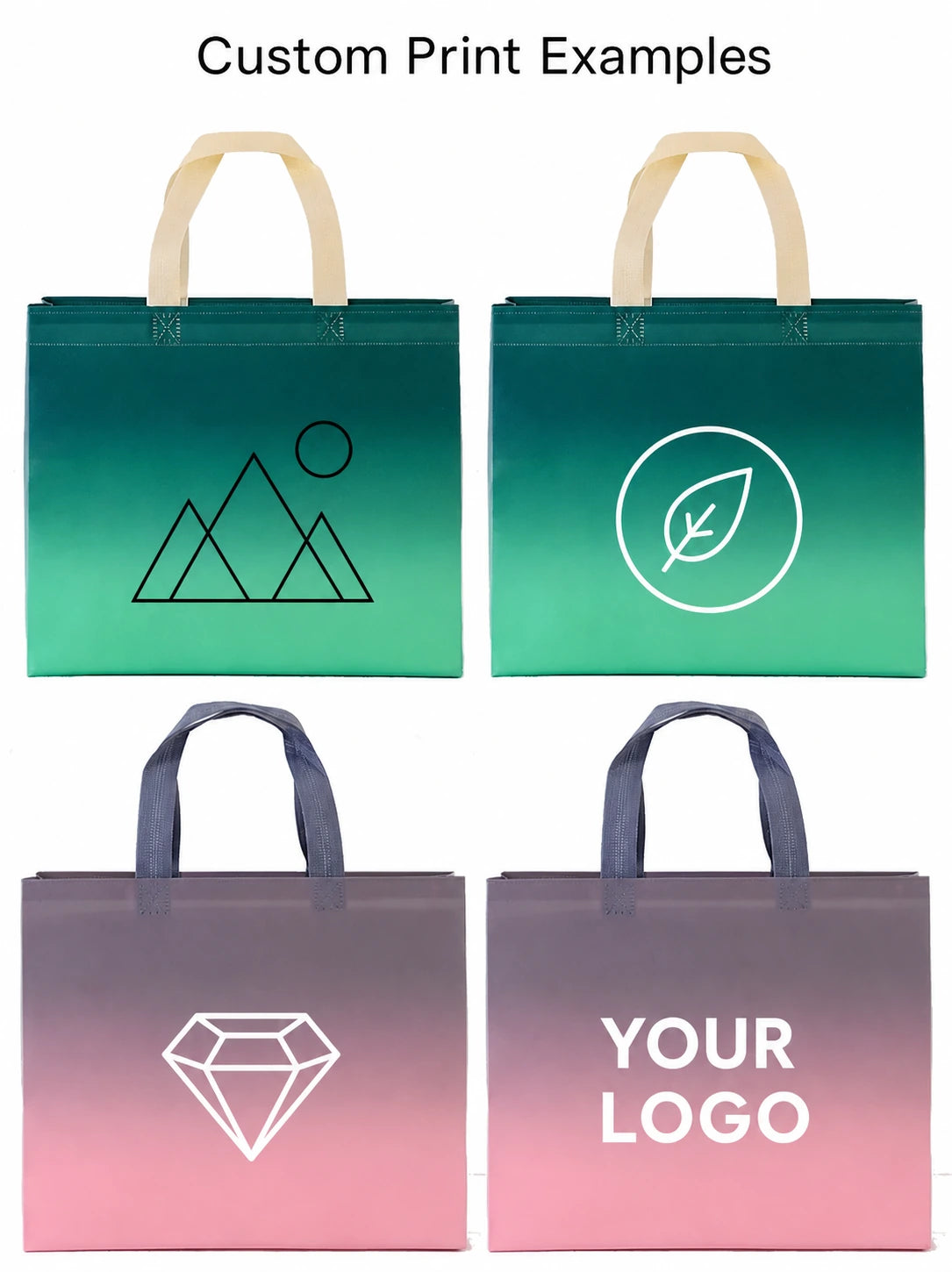 Custom print examples on gradient non-woven tote bags