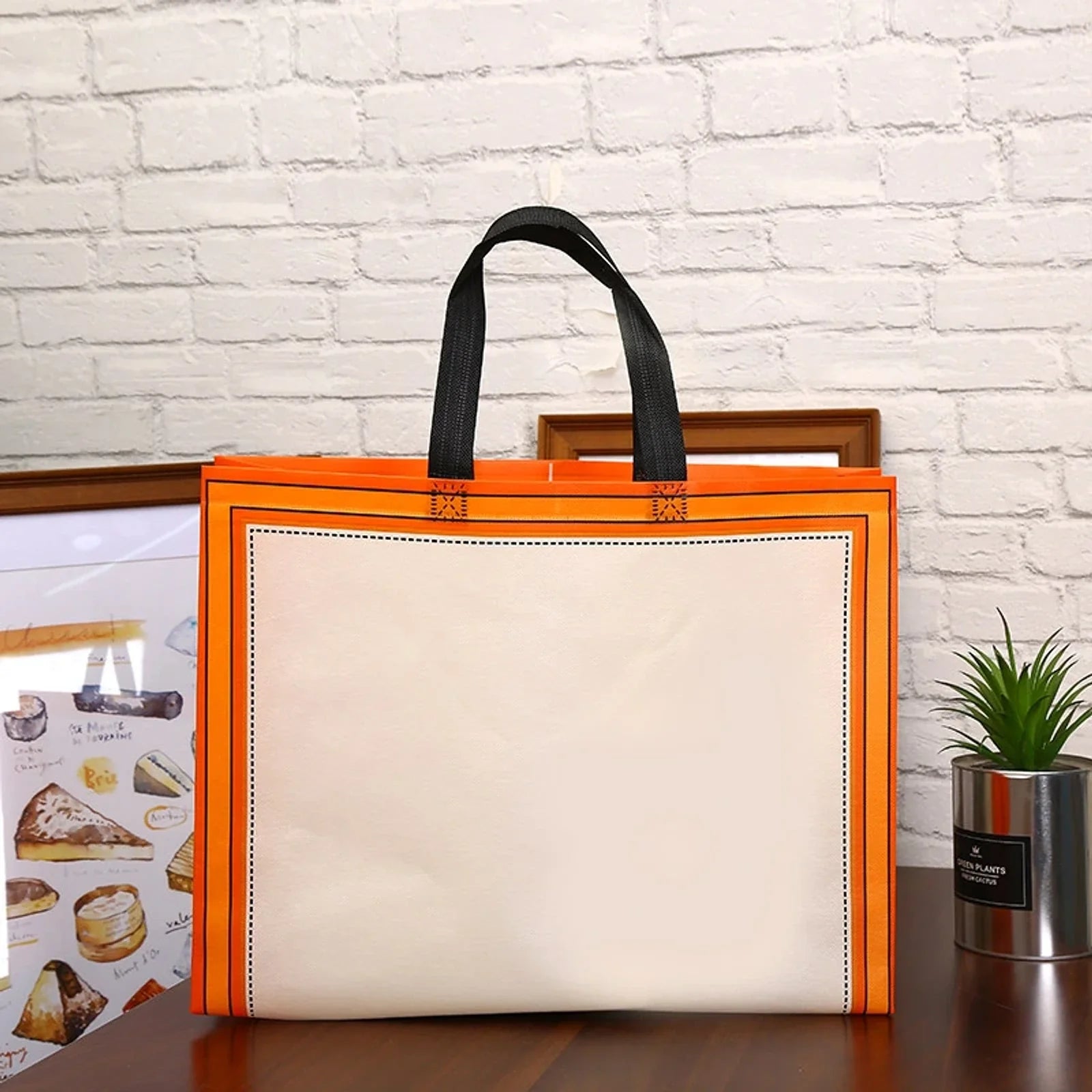 Orange green & orange laminated non-woven tote bags — 4 designs