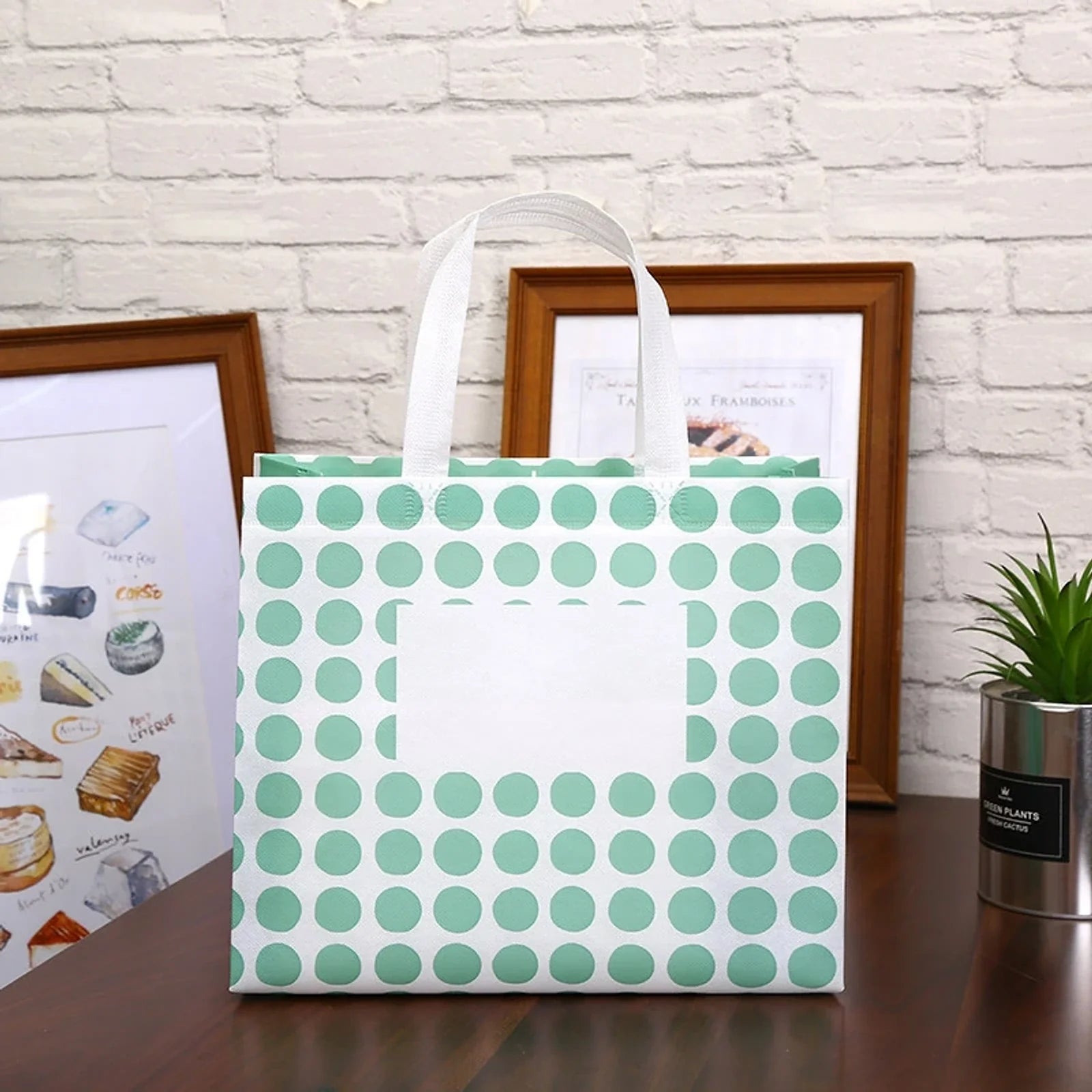 White-Frame Print green & orange laminated non-woven tote bags — 4 designs
