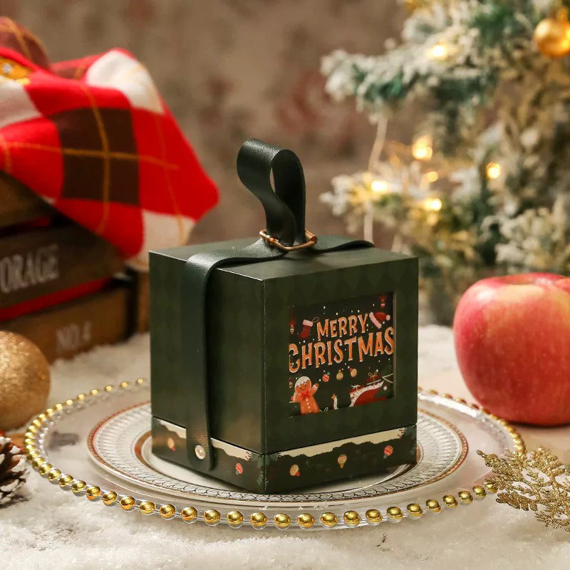 Green square Christmas apple gift box with loop handle