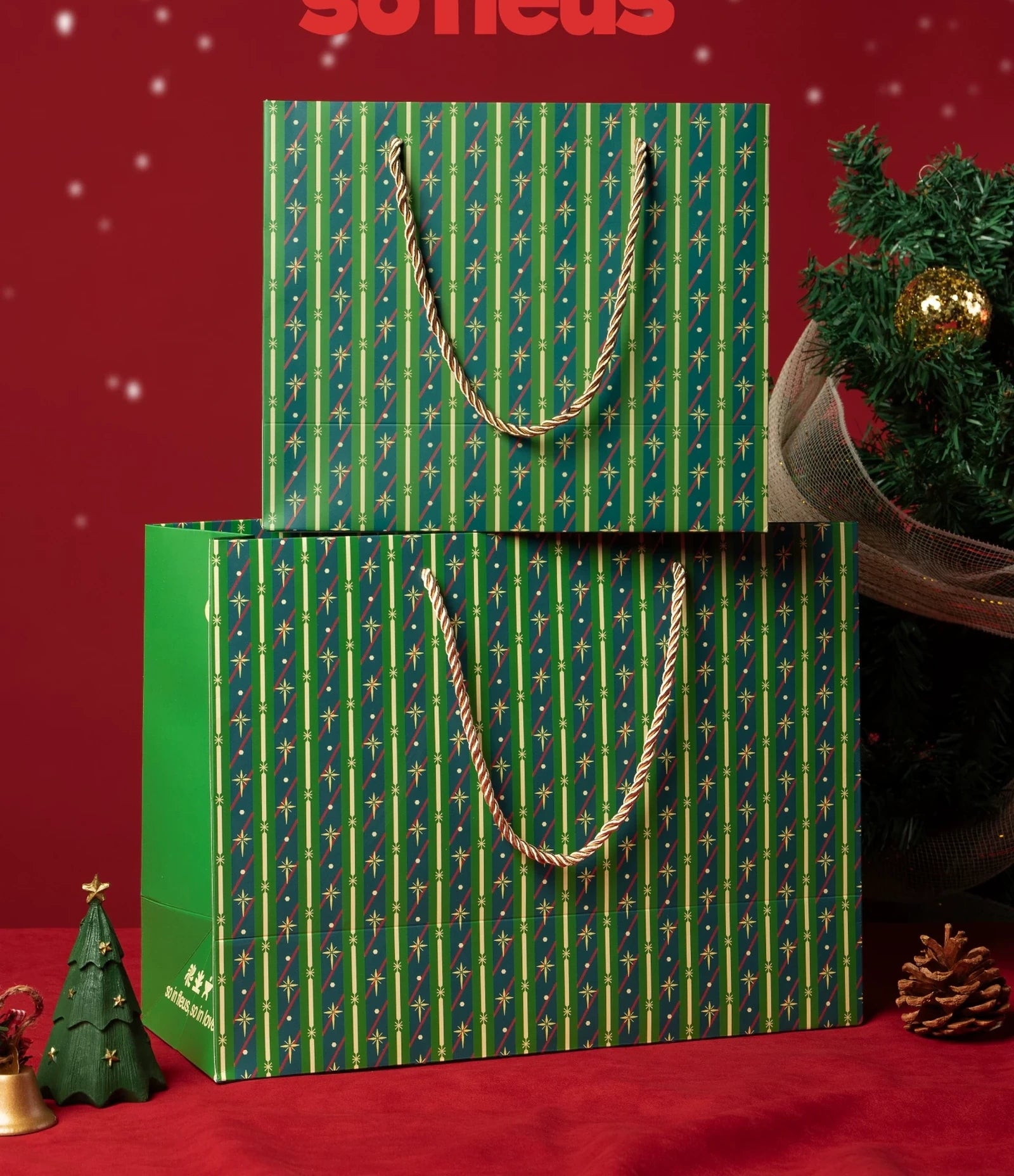 Green Striped Rope-Handle Christmas Paper Gift Bags – product view