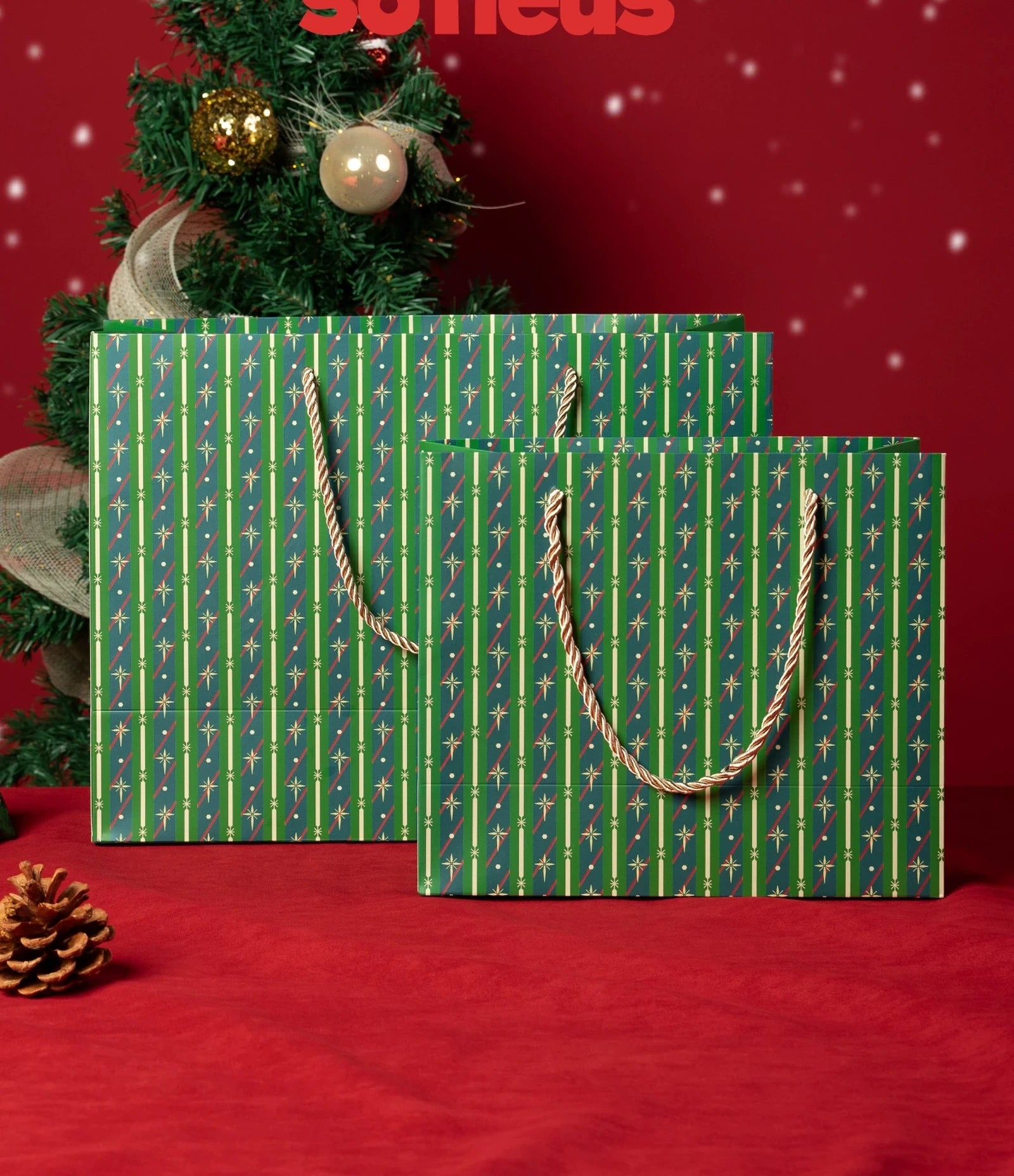 Green Striped Rope-Handle Christmas Paper Gift Bags – product view