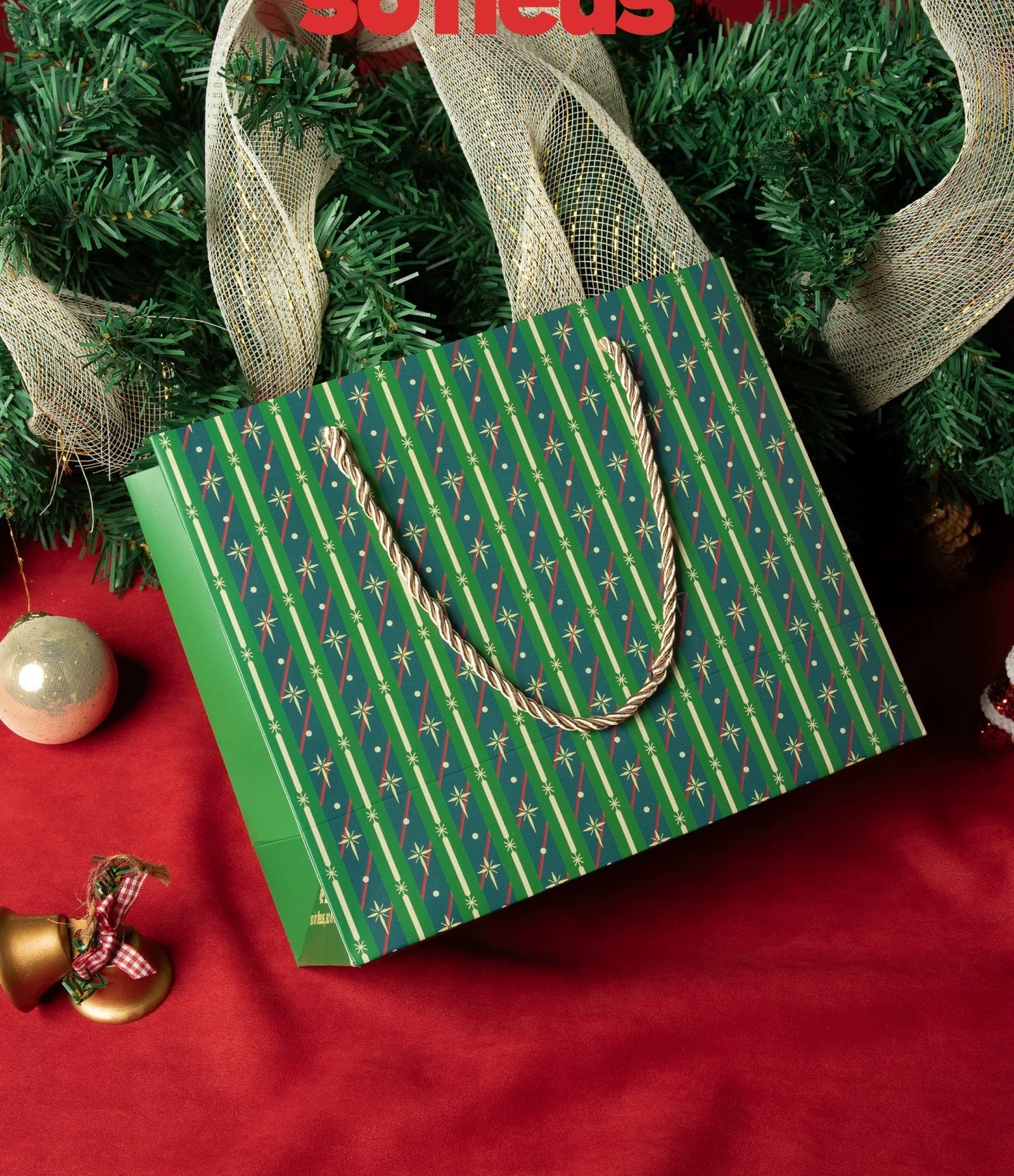 Green Striped Rope-Handle Christmas Paper Gift Bags – product view