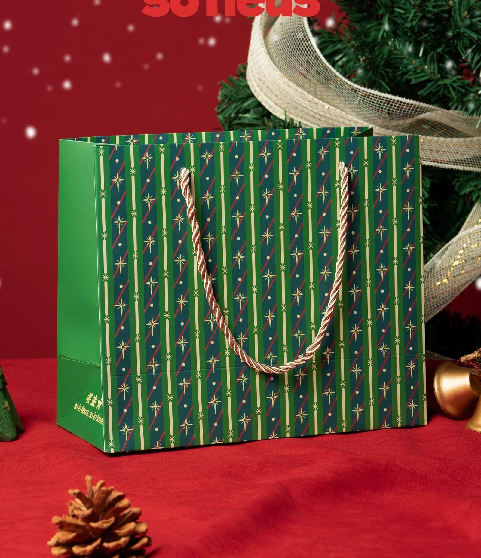 Green Striped Rope-Handle Christmas Paper Gift Bags – product view