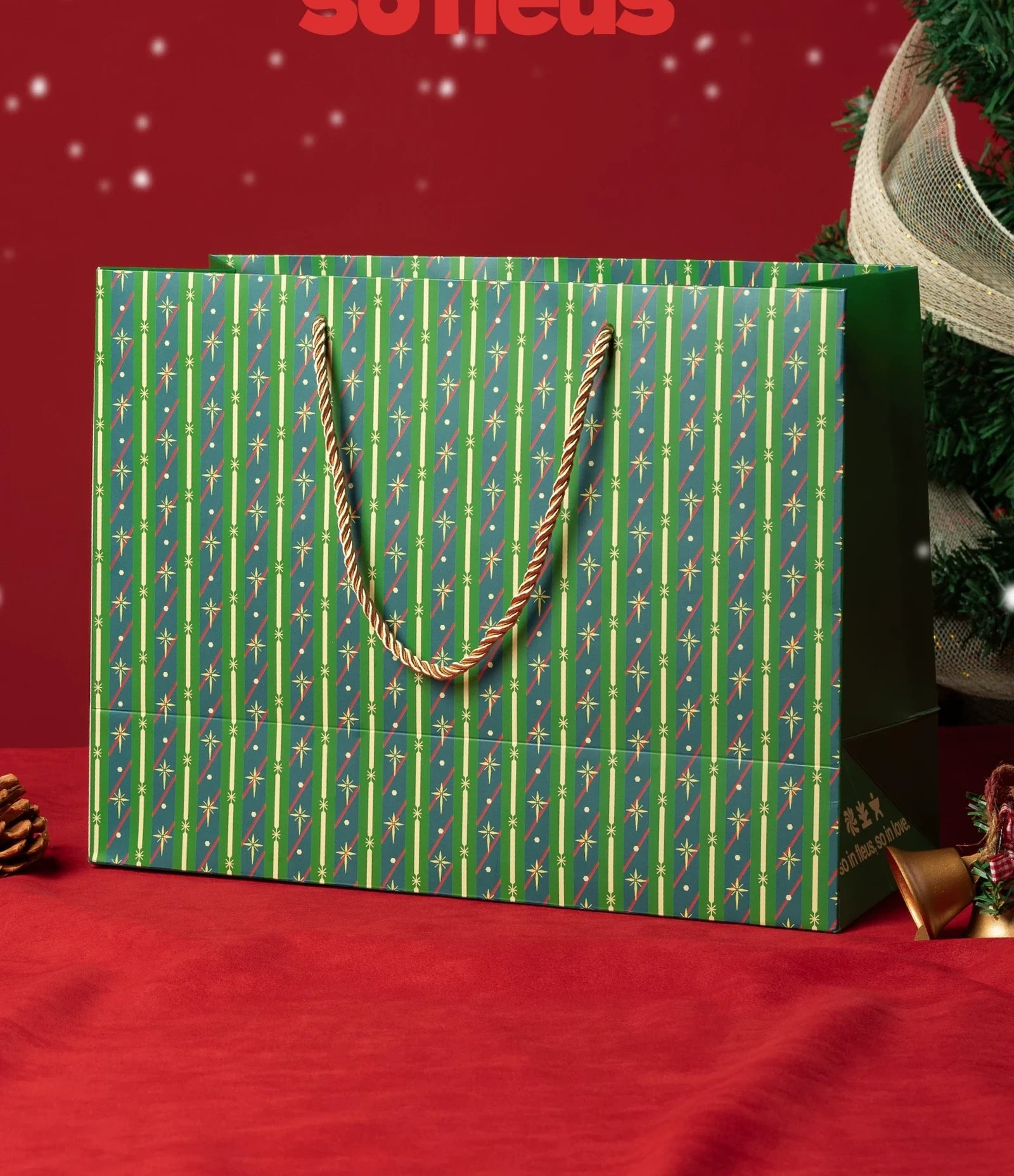 Green Striped Rope-Handle Christmas Paper Gift Bags – product view