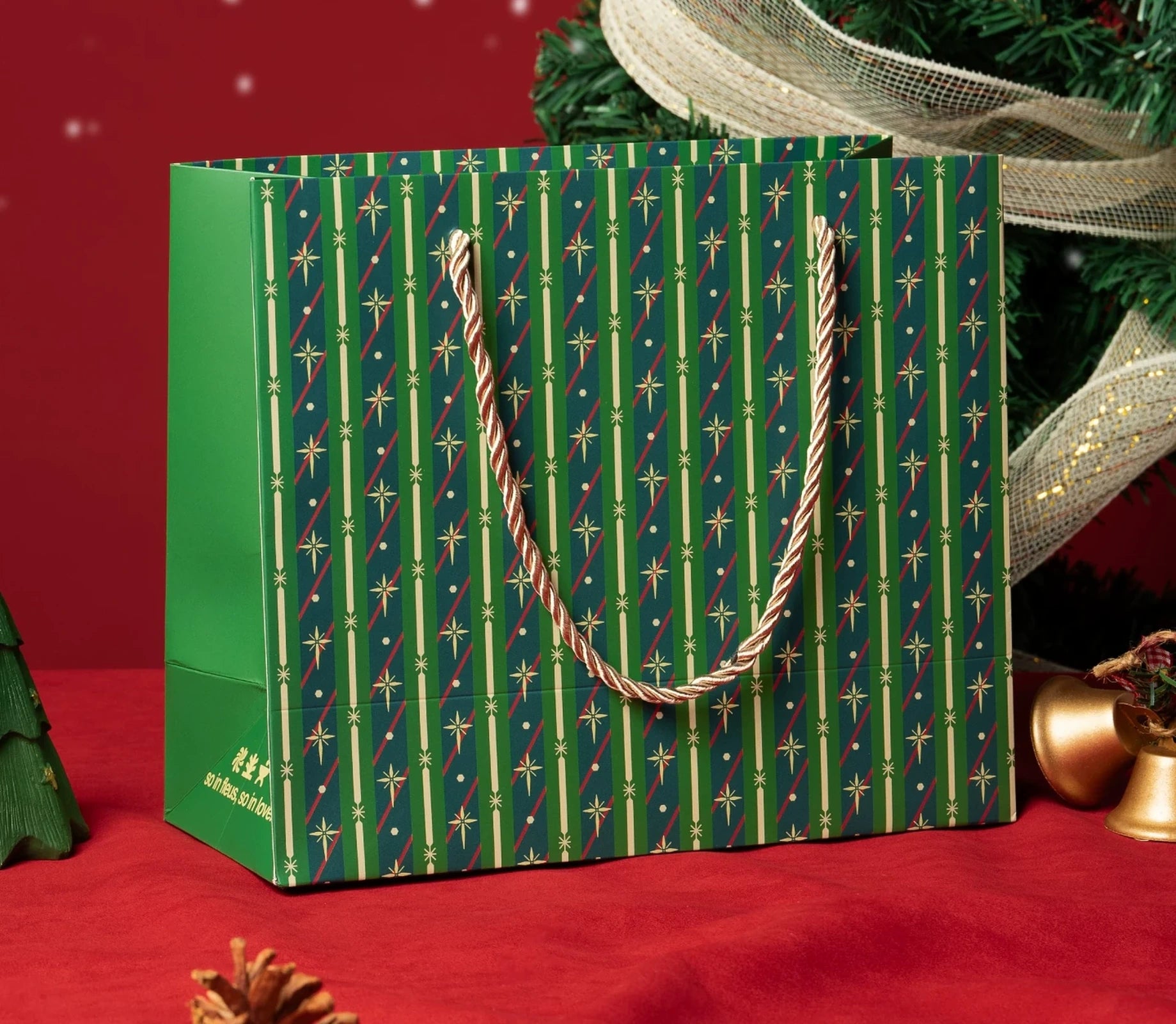 Green Striped Rope-Handle Christmas Paper Gift Bags – ready-stock option