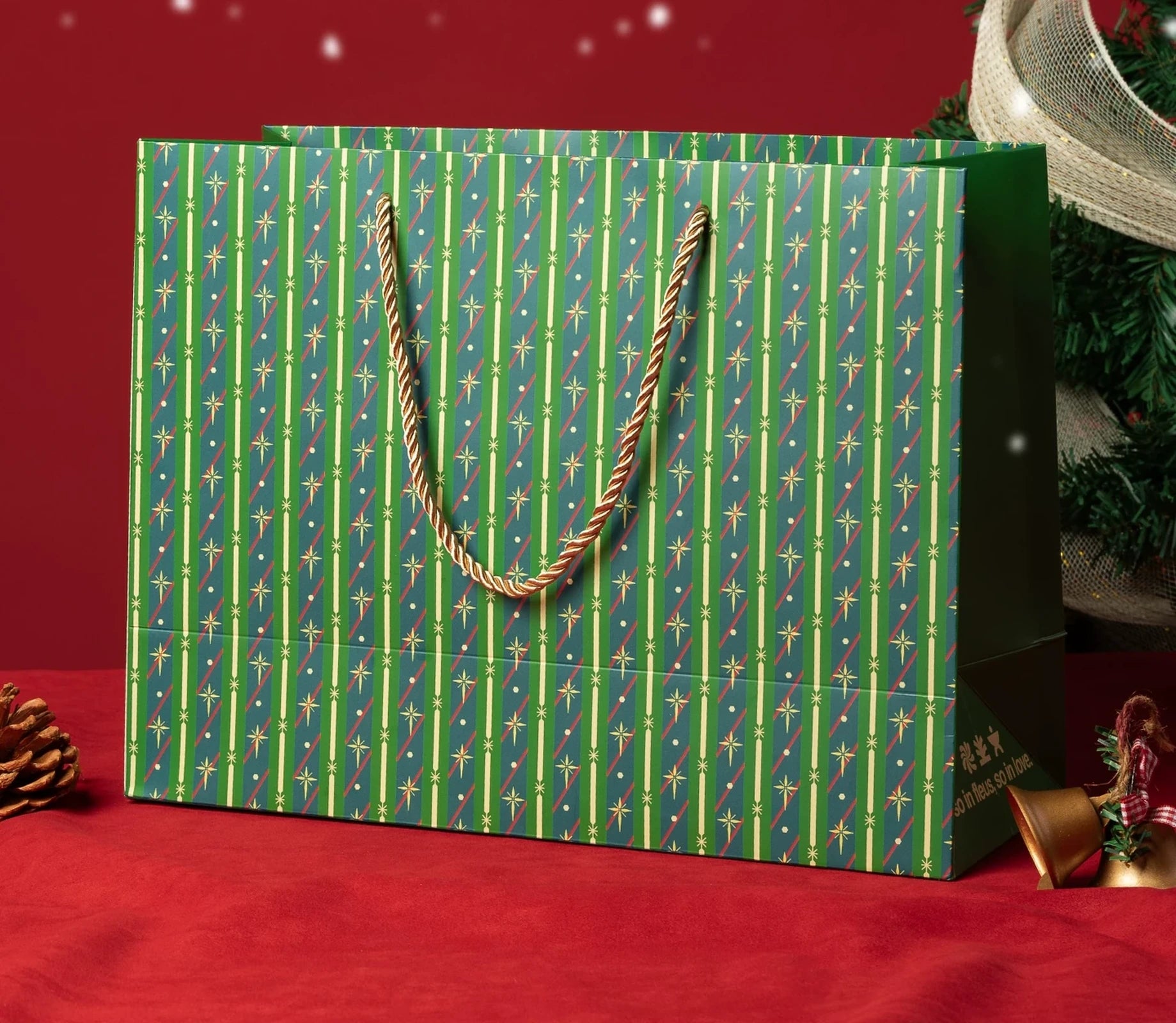 Green Striped Rope-Handle Christmas Paper Gift Bags – ready-stock option