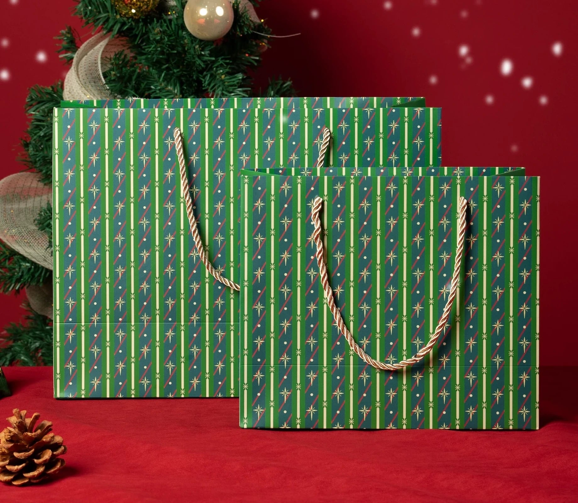 Green Striped Rope-Handle Christmas Paper Gift Bags – ready-stock option
