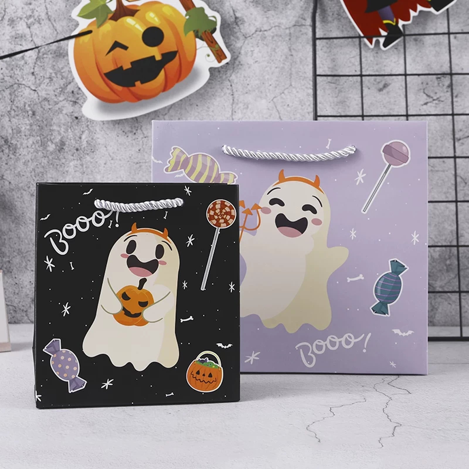 Ghost-Print Halloween Paper Gift Bags with Rope Handles