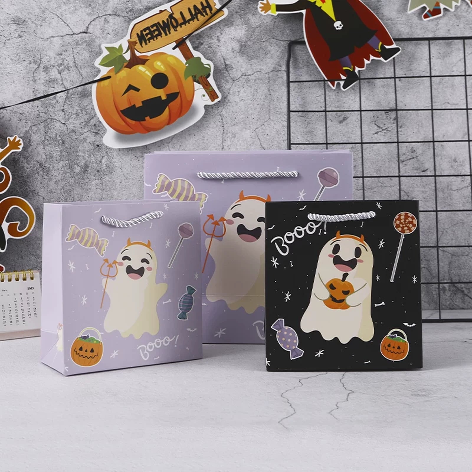 Ghost-Print Halloween Paper Gift Bags with Rope Handles