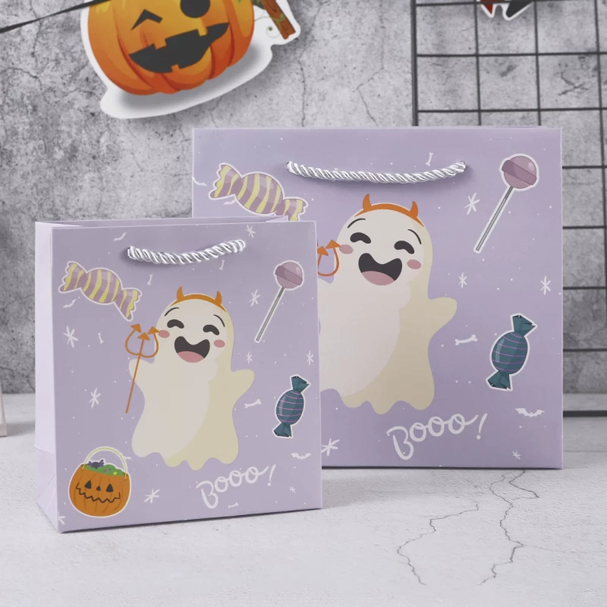 Ghost-Print Halloween Paper Gift Bags with Rope Handles
