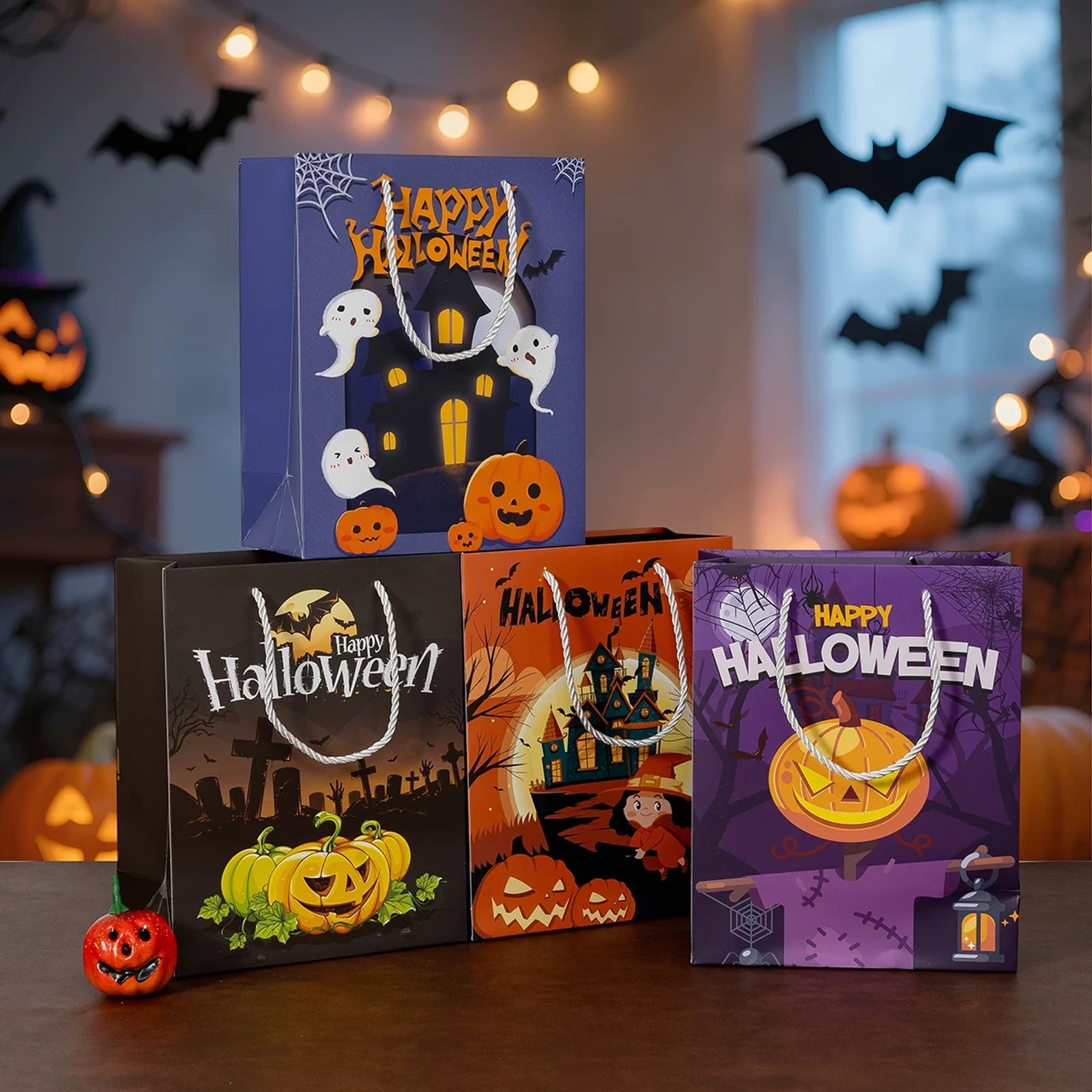 White Cardstock Halloween Gift Bags with Carry Handles