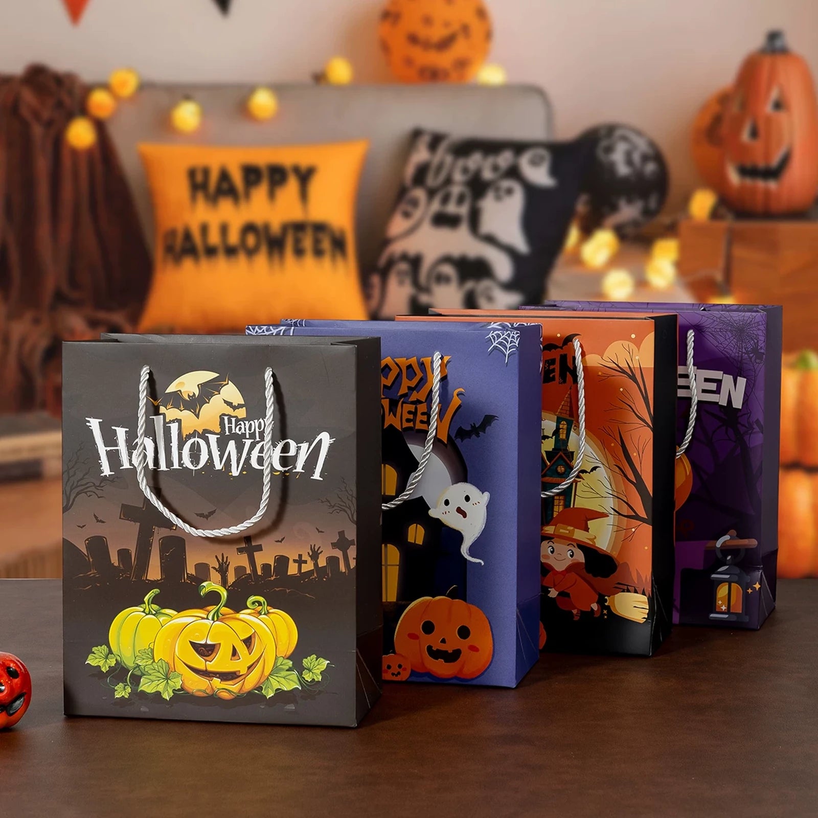 White Cardstock Halloween Gift Bags with Carry Handles