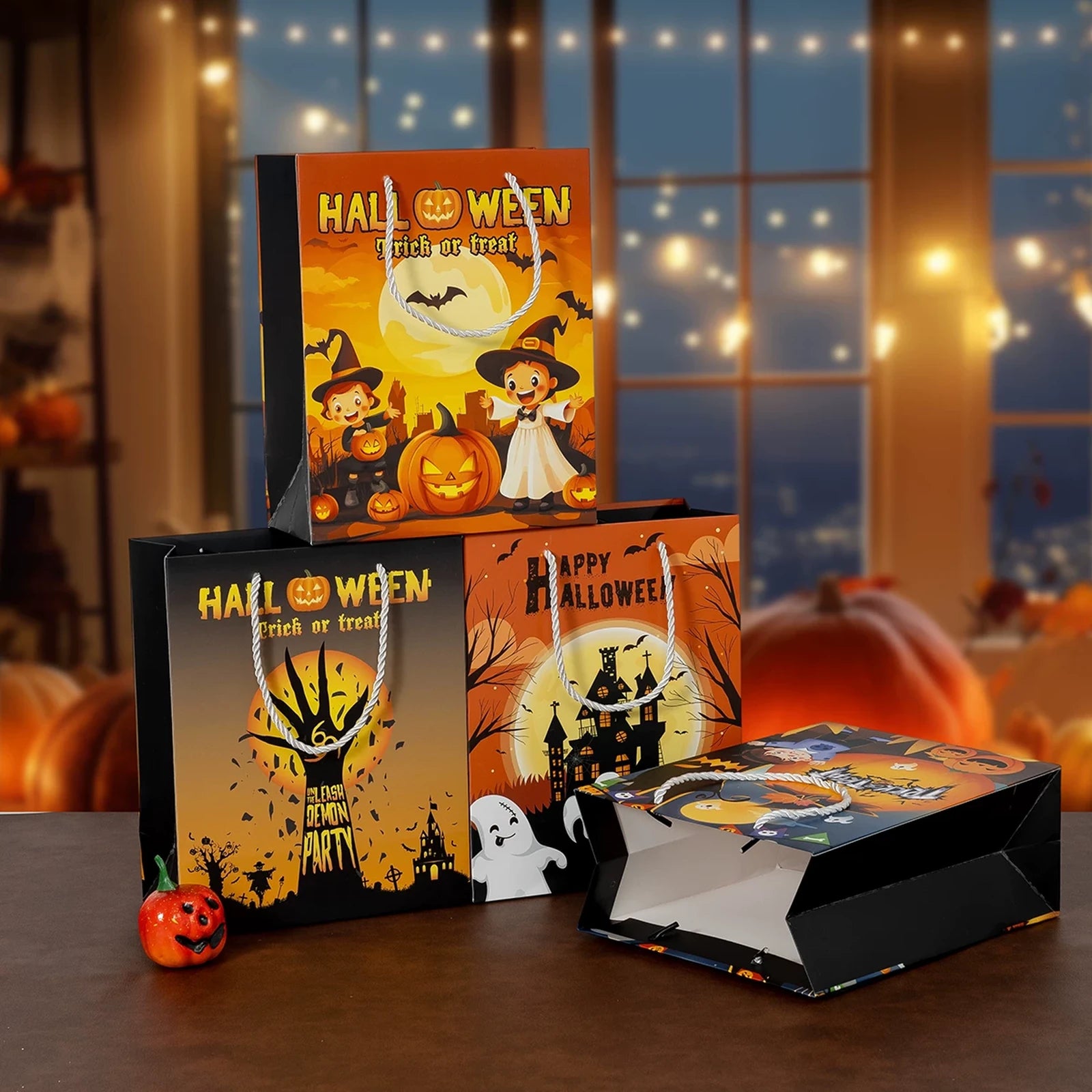 White Cardstock Halloween Gift Bags with Carry Handles