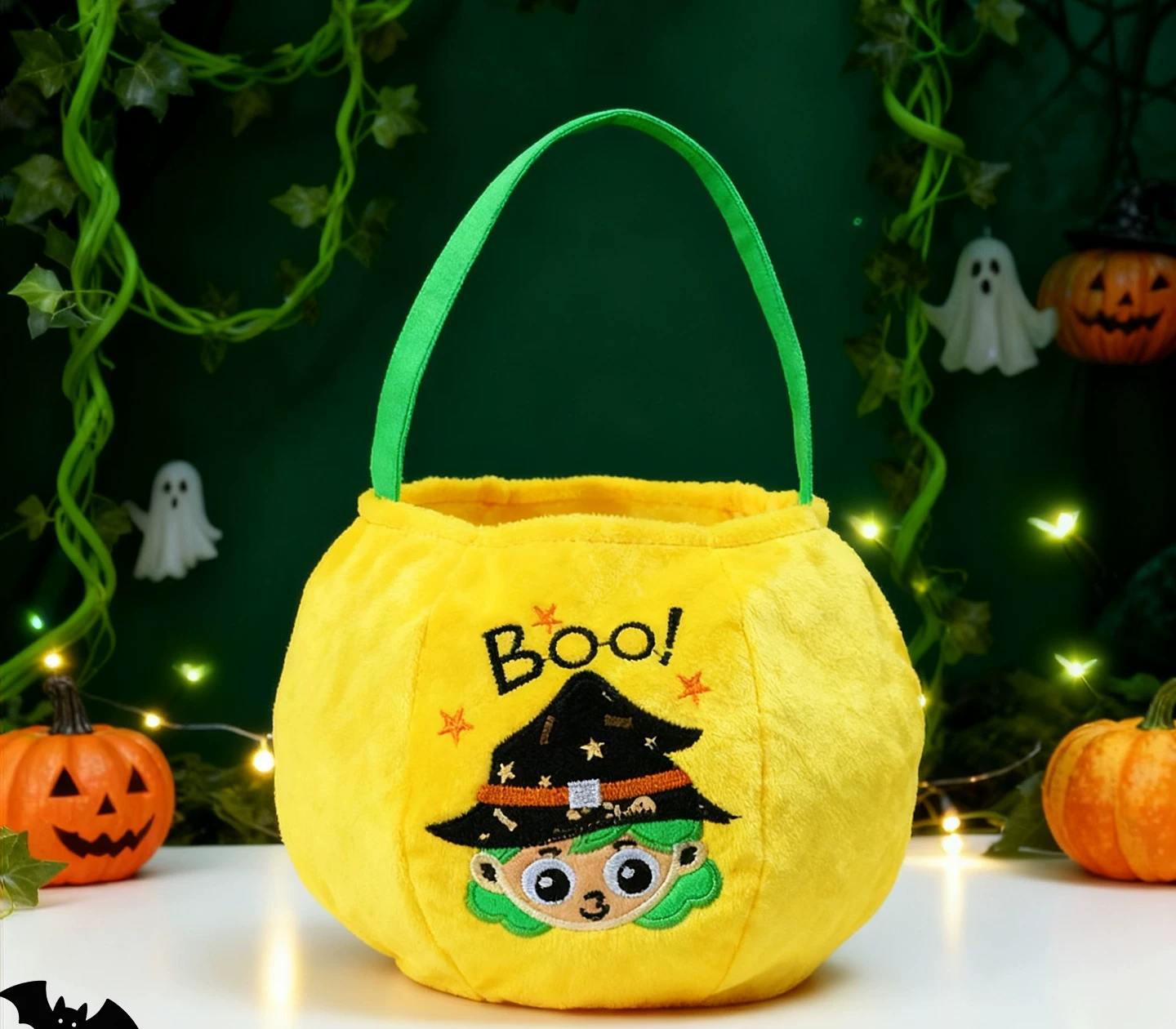 Green hair witch velvet Halloween trick-or-treat bag