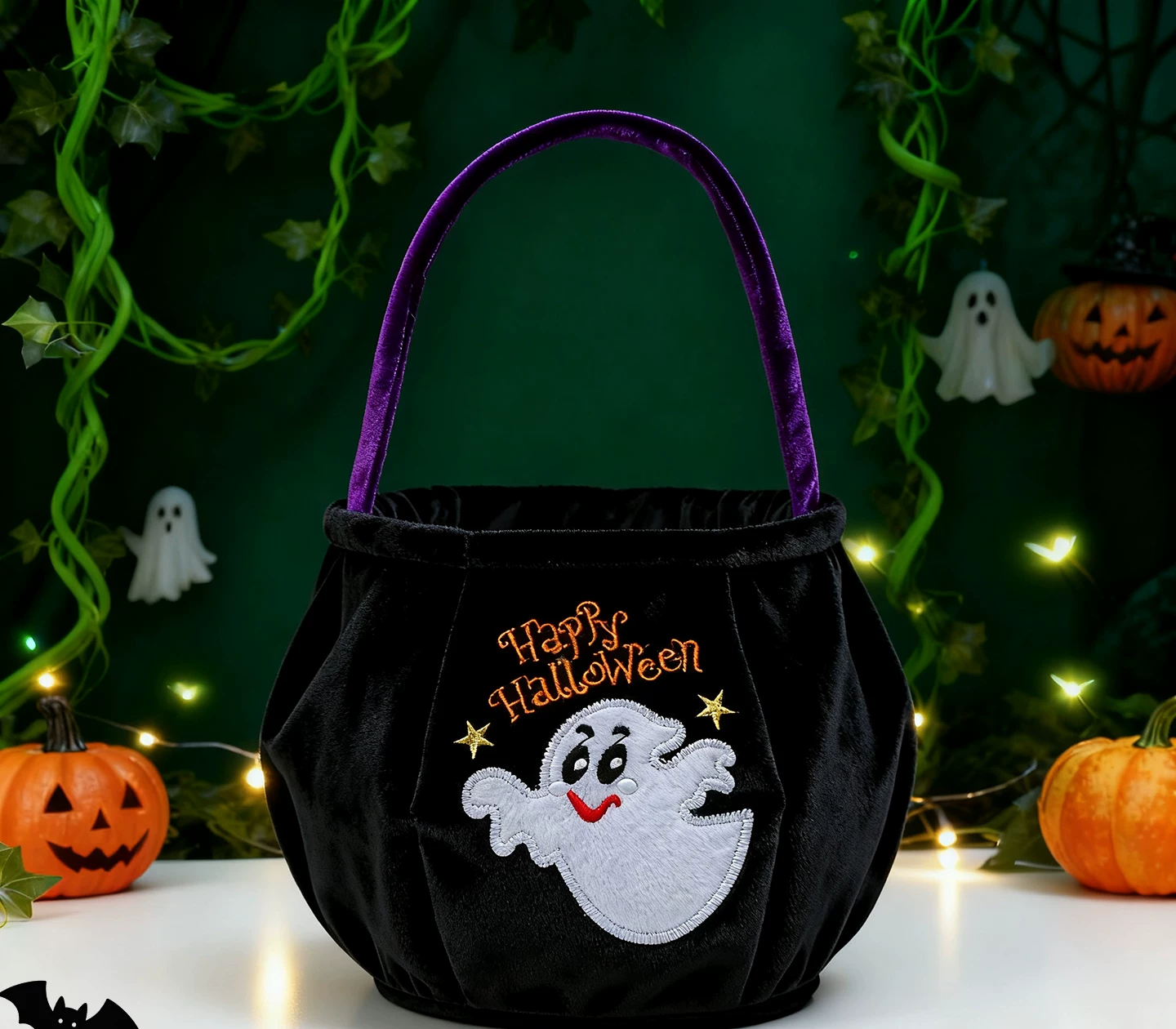 White ghost velvet Halloween trick-or-treat bag