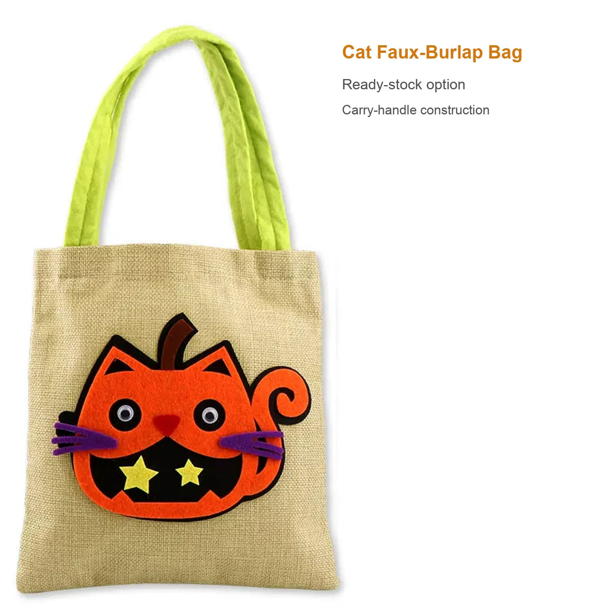 Cat faux-burlap Halloween treat bag with carry handles