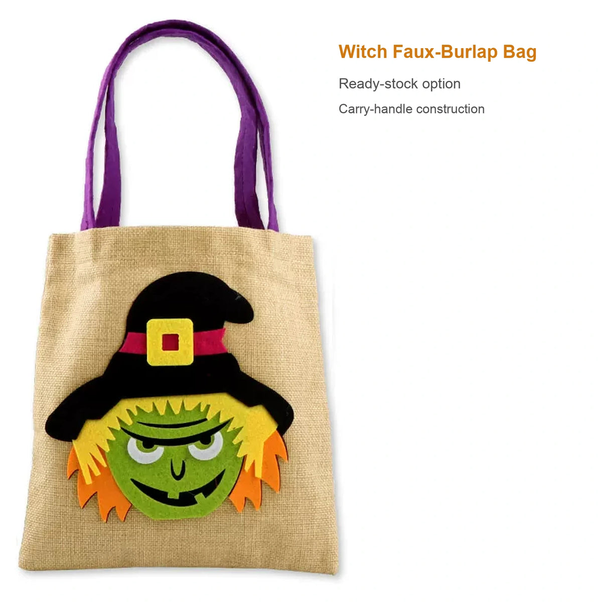 Witch faux-burlap Halloween treat bag with carry handles