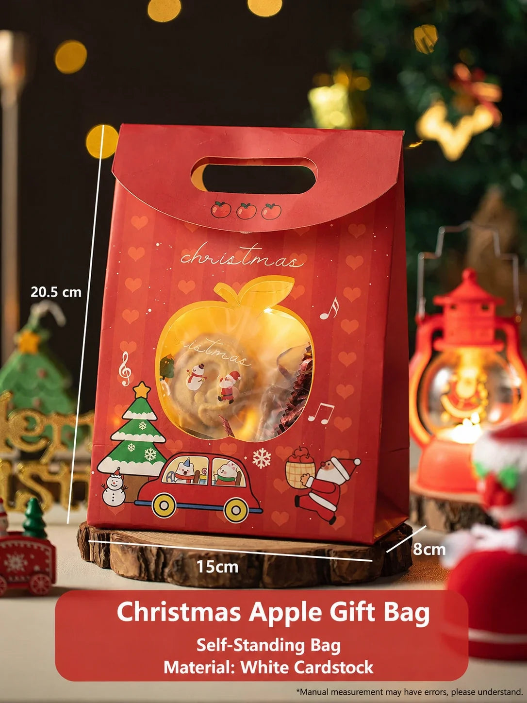 Red Christmas apple gift bag with die-cut handle and transparent window