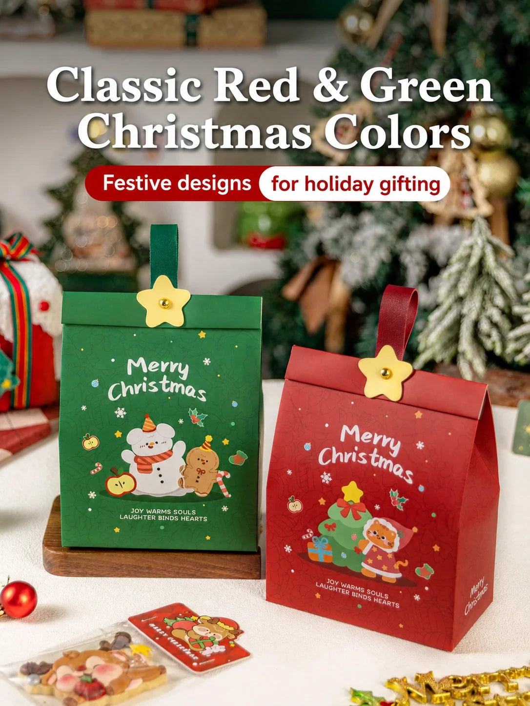 Red and green Christmas paper gift bags for holiday gifting