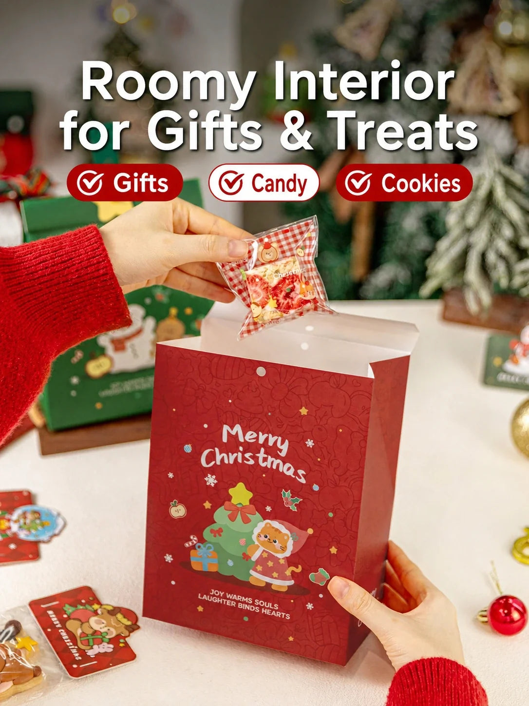 Open Christmas paper gift bag with roomy interior for gifts and treats