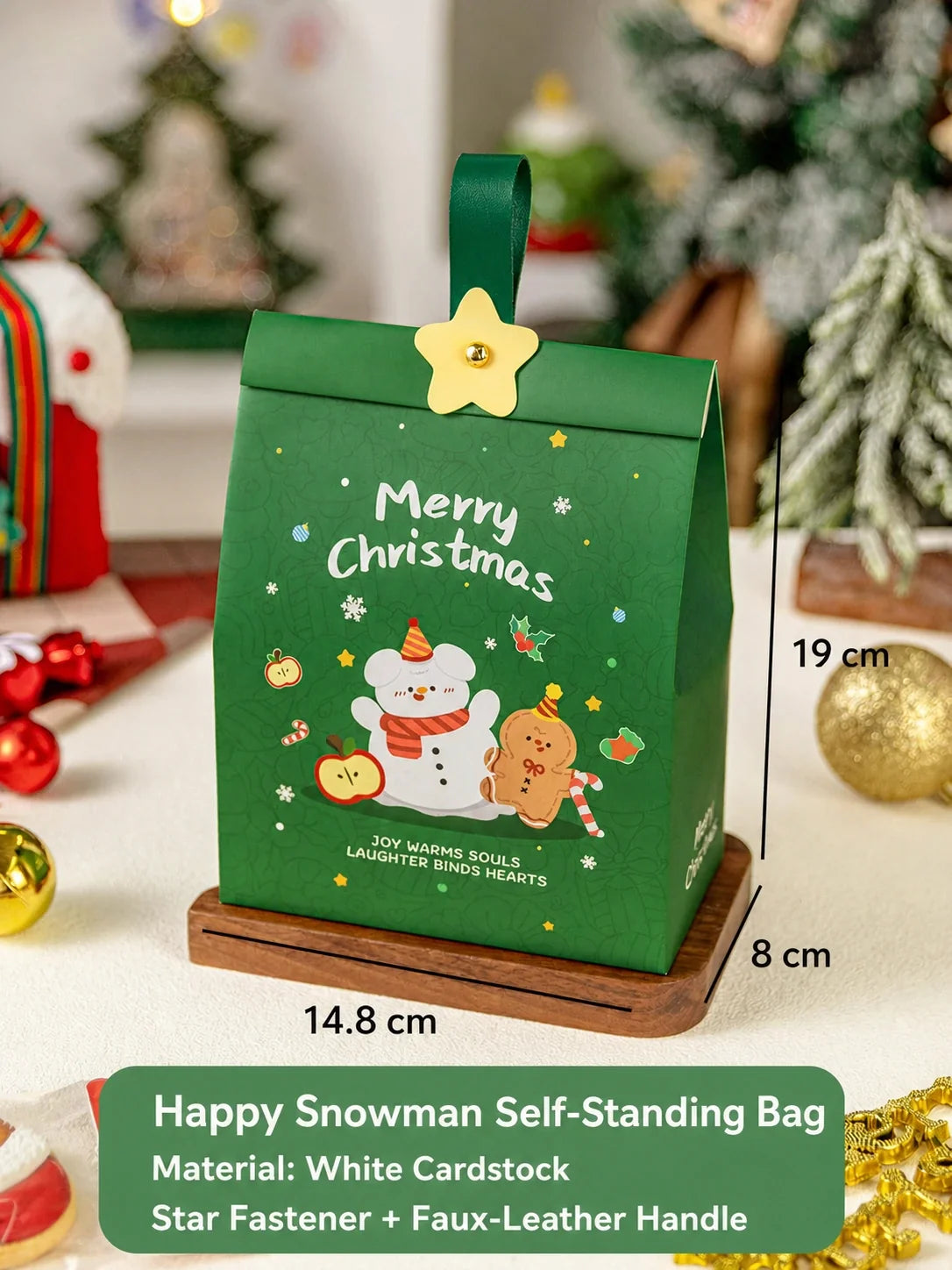 Green Happy Snowman self-standing Christmas paper gift bag with dimensions