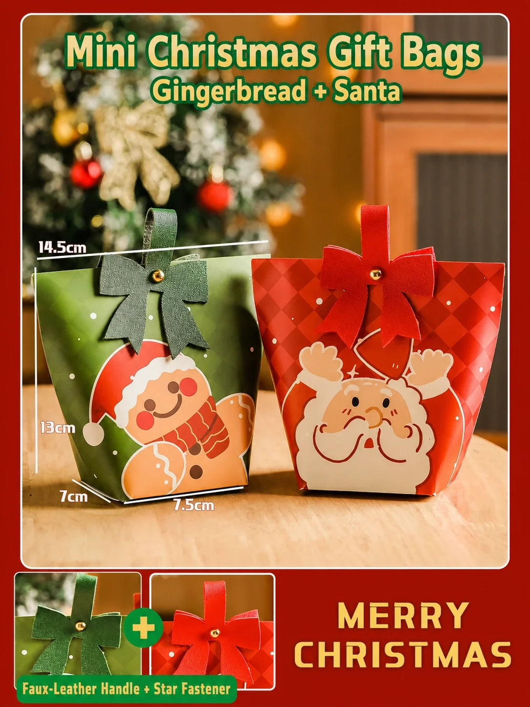 Mini Gingerbread and Santa Christmas gift bags with dimensions