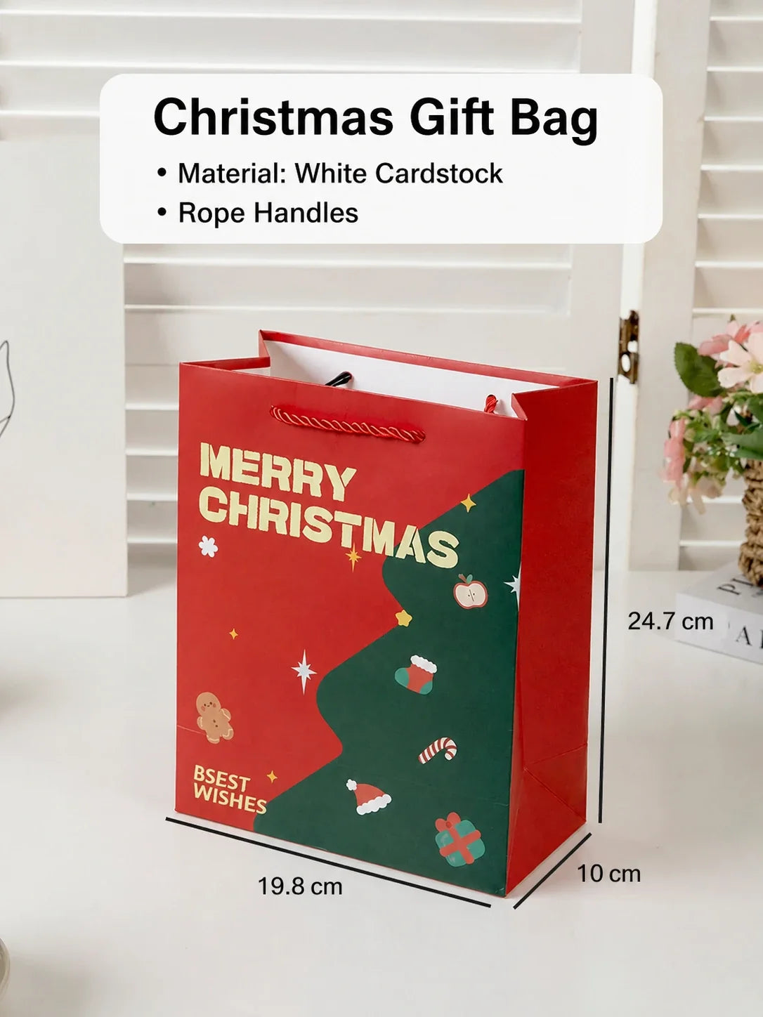 Red Christmas paper gift bag with rope handles and dimensions