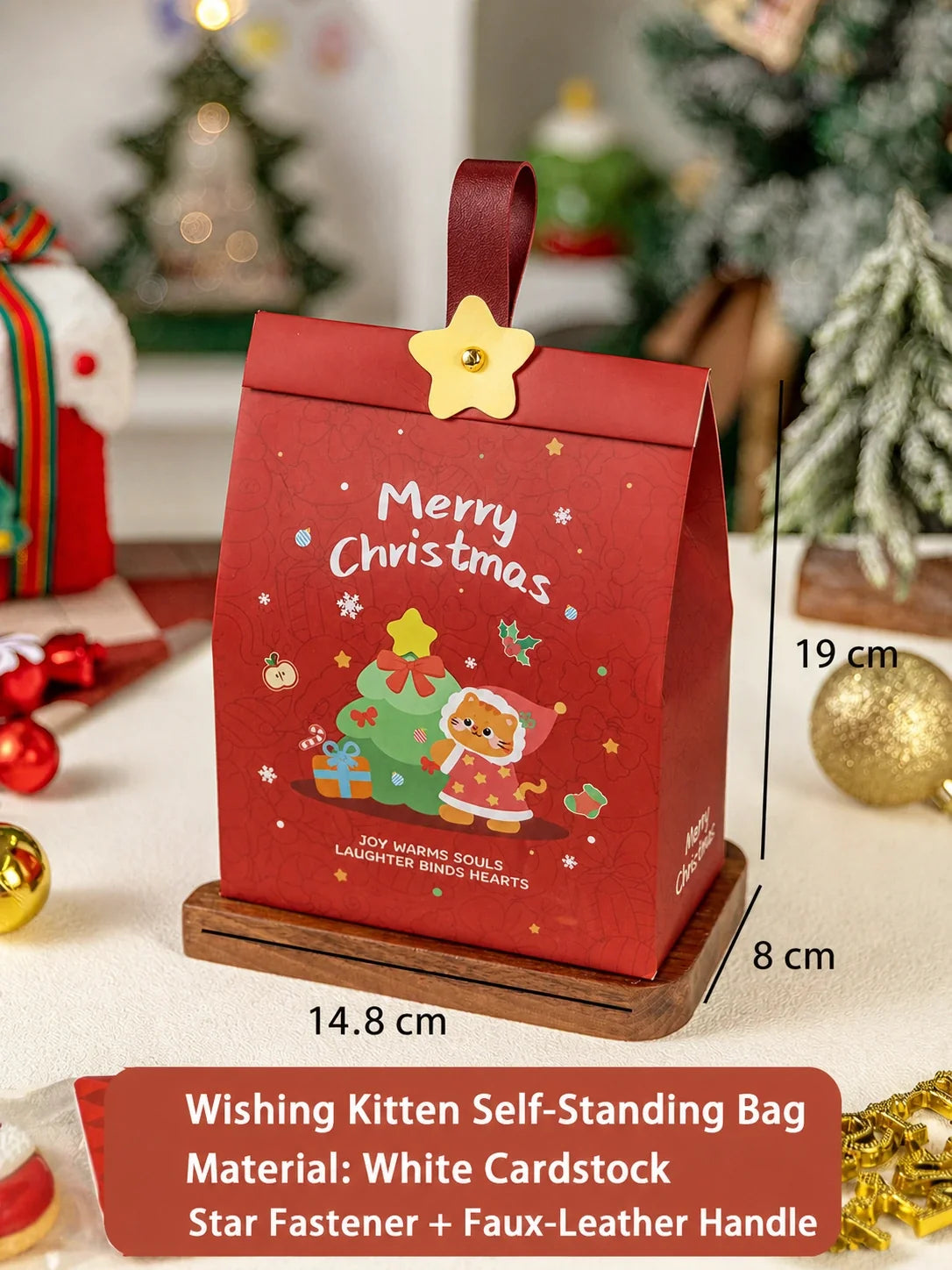 Red Wishing Kitten self-standing Christmas paper gift bag with dimensions