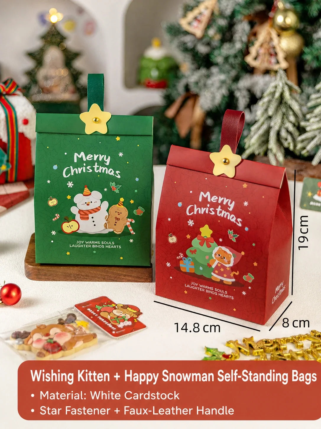 Red and green self-standing Christmas paper gift bags with dimensions