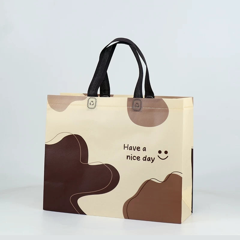 Happy brown print non-woven tote bag