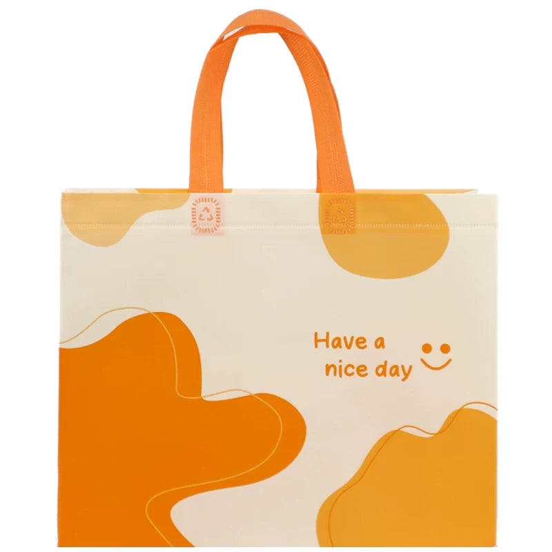 Happy orange non-woven tote bag close-up