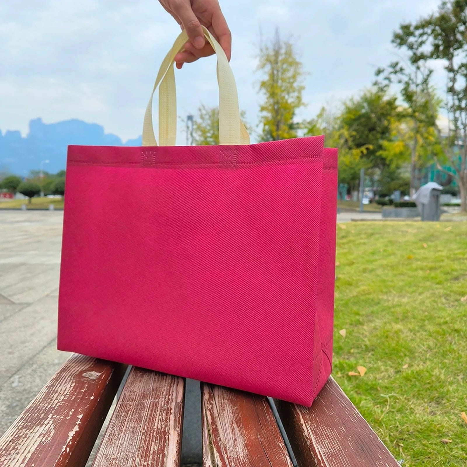 Burgundy — Cream Handles heavy-duty non-woven tote bags — 25 color combinations