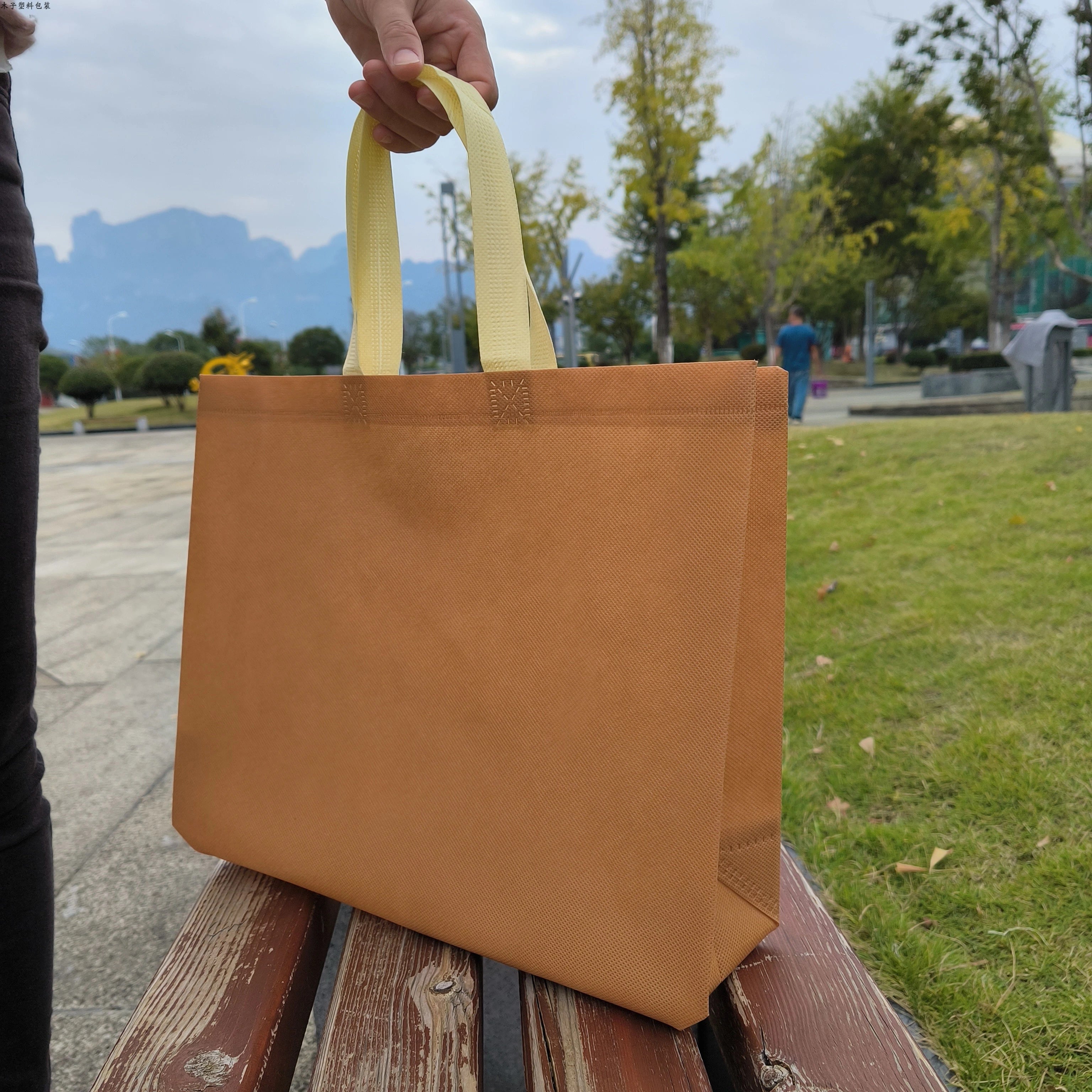 Caramel — Cream Handles heavy-duty non-woven tote bags — 25 color combinations