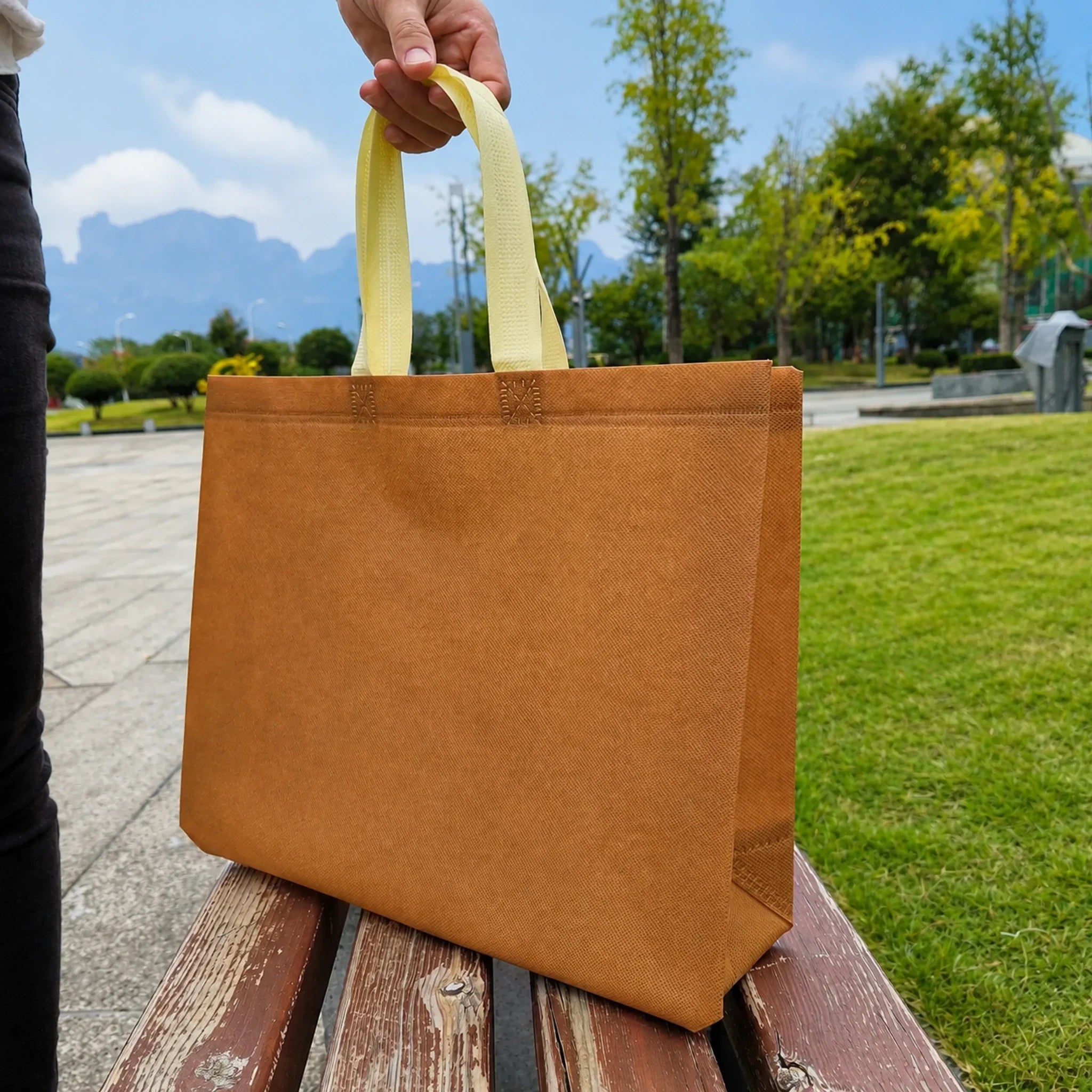 Caramel — Cream Handles heavy-duty non-woven tote bags — 25 color combinations